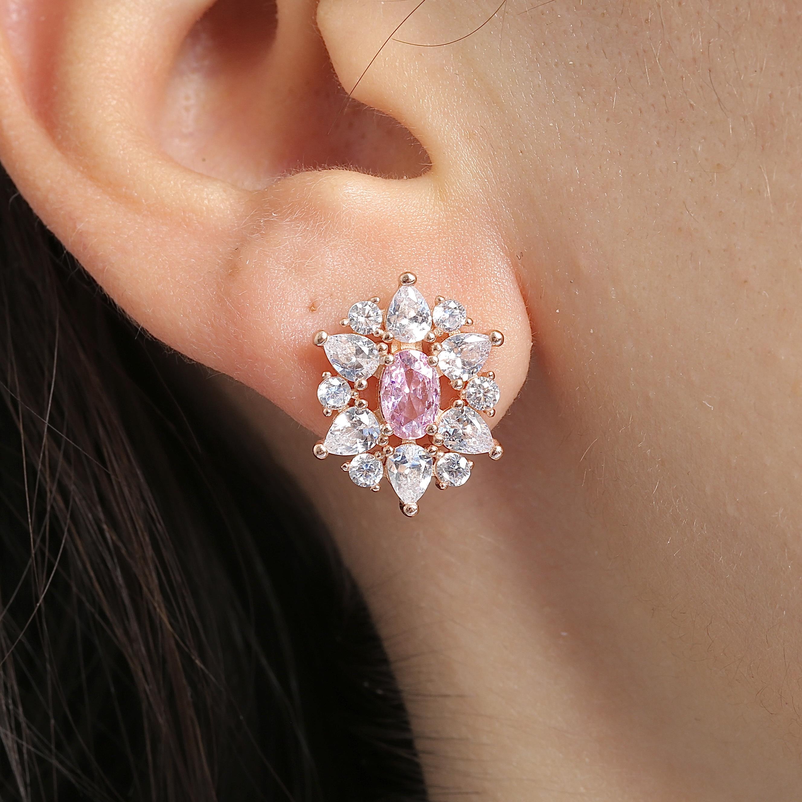 Effective Diamond Paris Sparkle Pink Stone Rose Gold Earrings