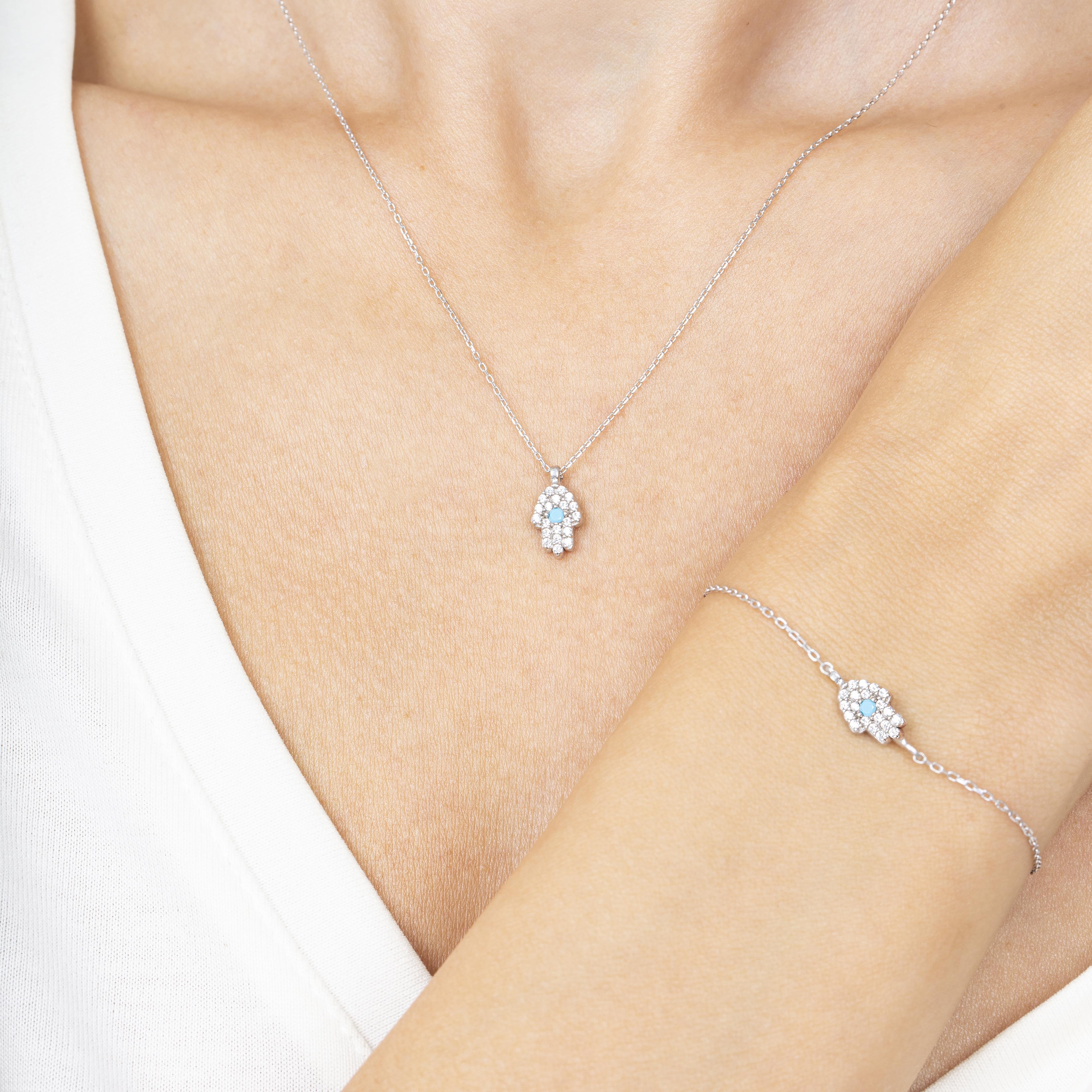 Turquoise Detail Hamsa Hand Silver Duo Set