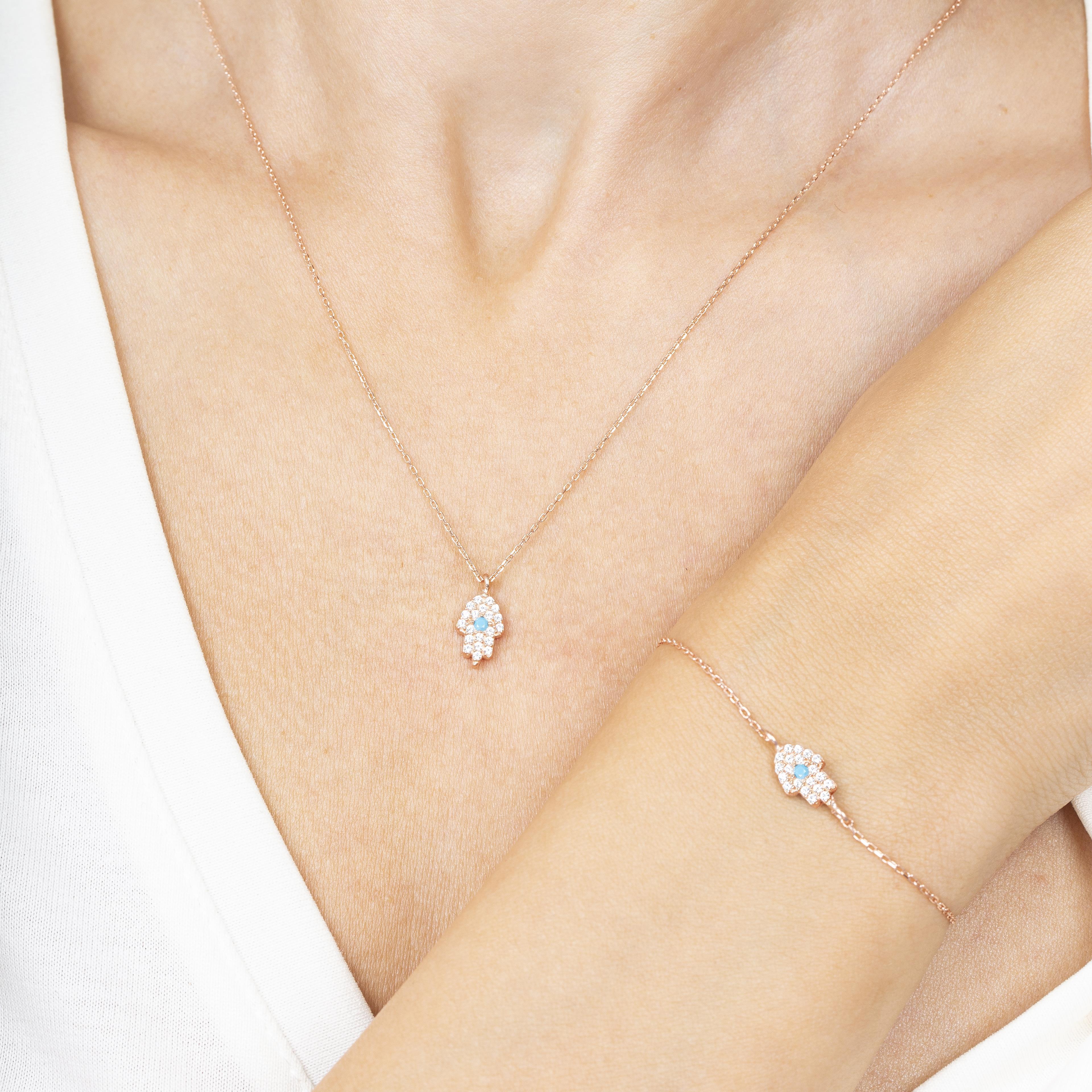 Turquoise Detail Hamsa Hand Rose Gold Duo Set