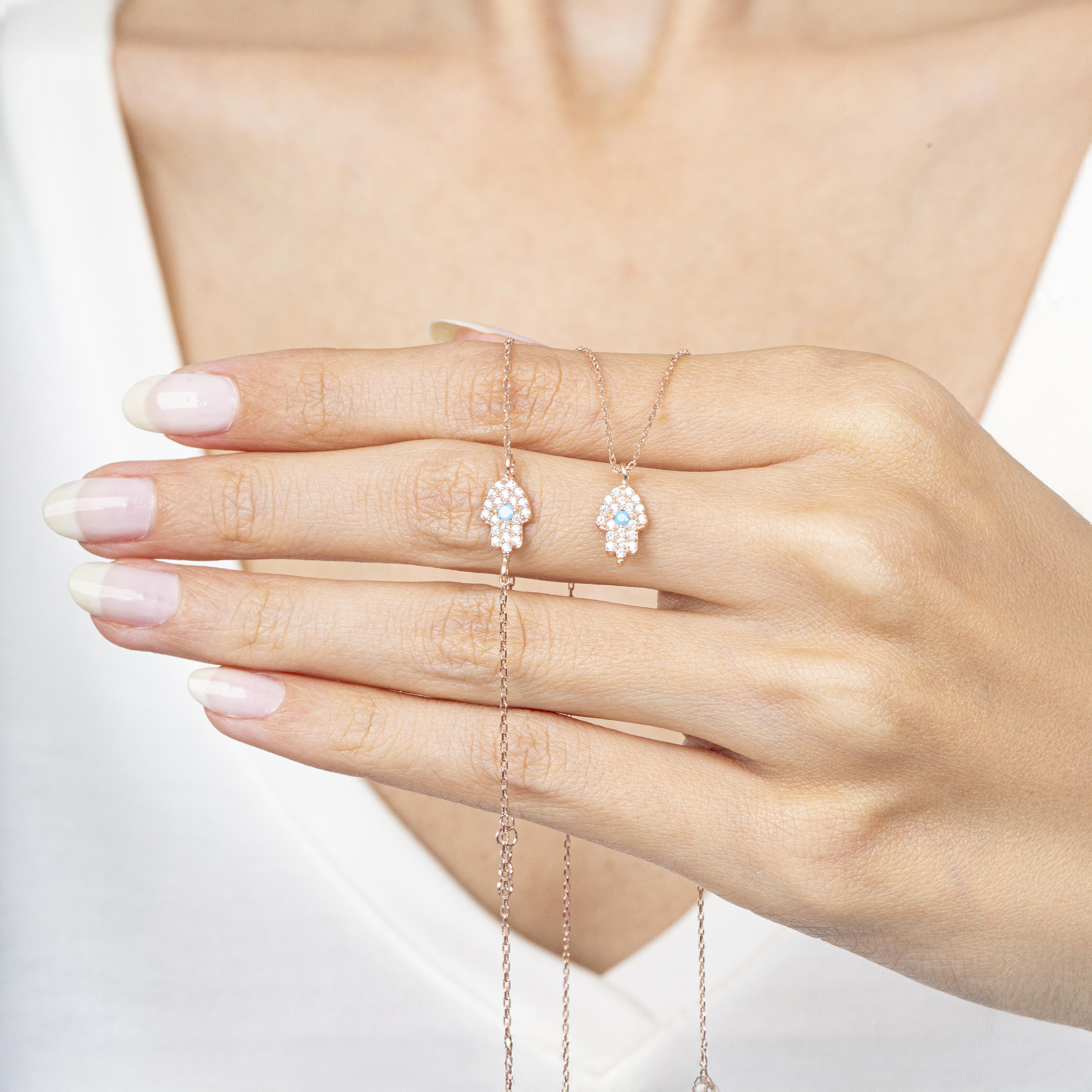 Turquoise Detail Hamsa Hand Rose Gold Duo Set