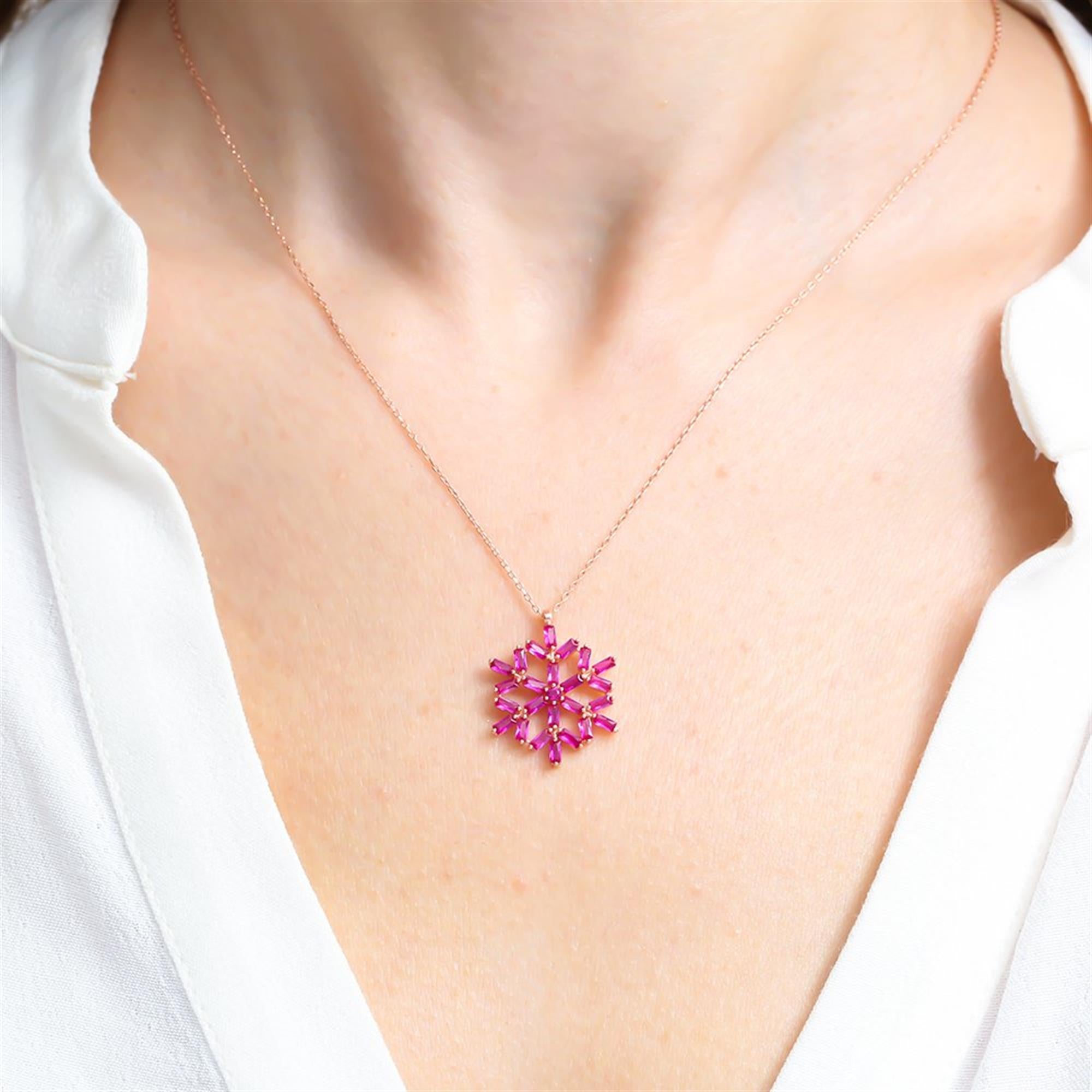 Fuchsia Baguette Snowflake Rose Gold Necklace