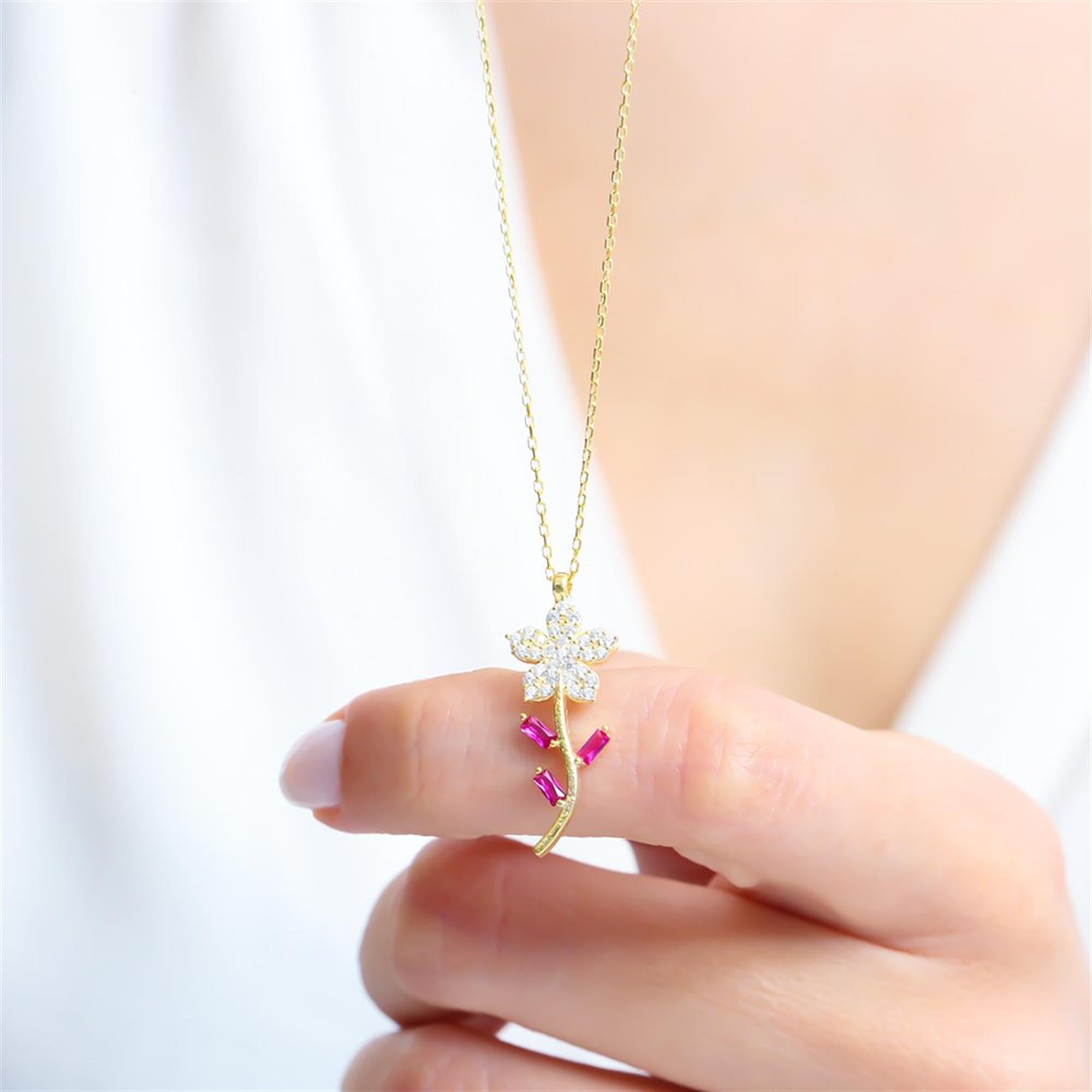 Fuchsia Baguette Snowdrop Flower Necklace