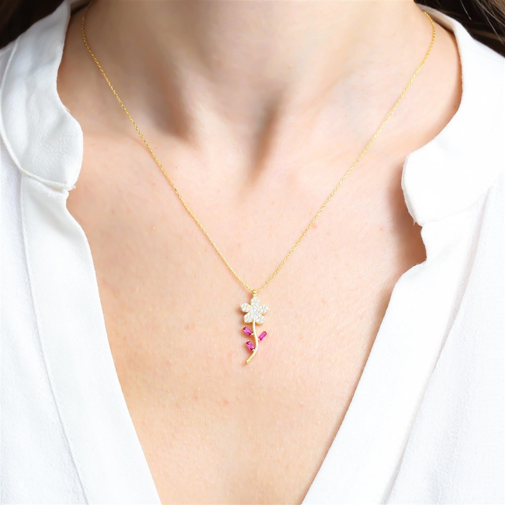 Fuchsia Baguette Snowdrop Flower Necklace