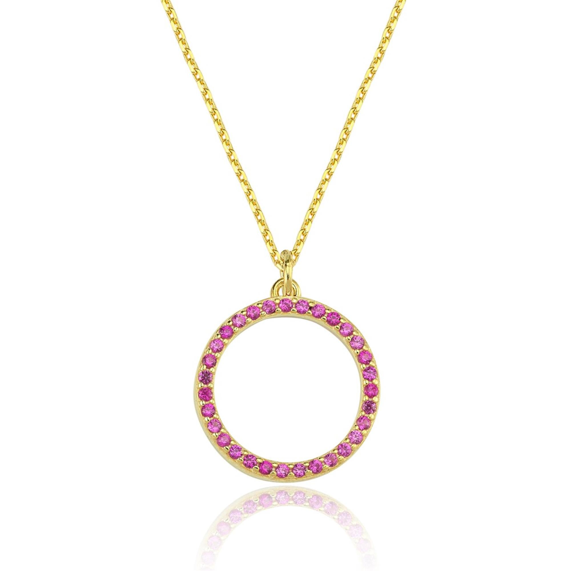 Minimal gold necklace with fuchsia cubic zirconia stones in a circular pendant, perfect for adding vibrant charm to daily looks.