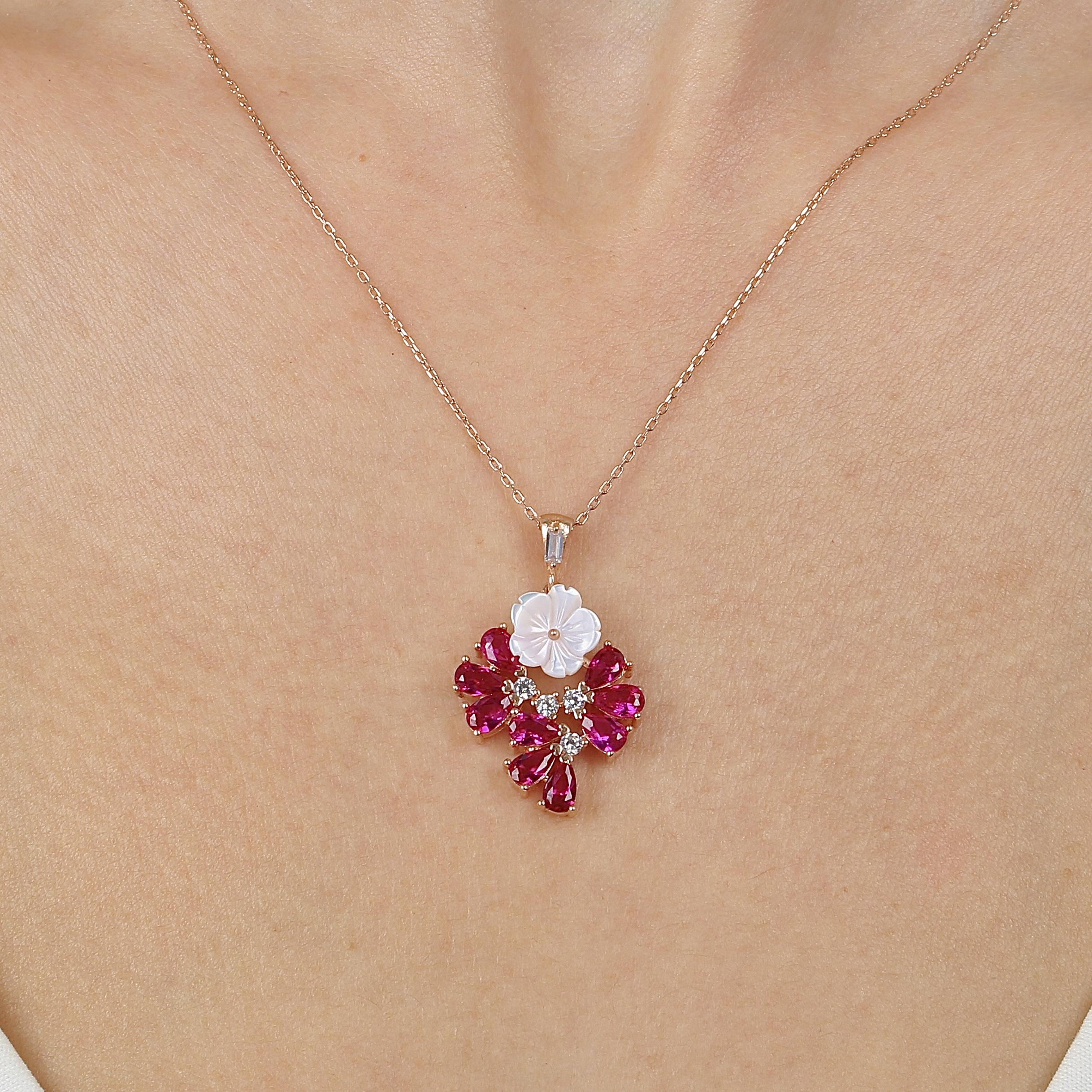Fuchsia Stone Drop Tale Magnolia Flower Rose Gold Necklace
