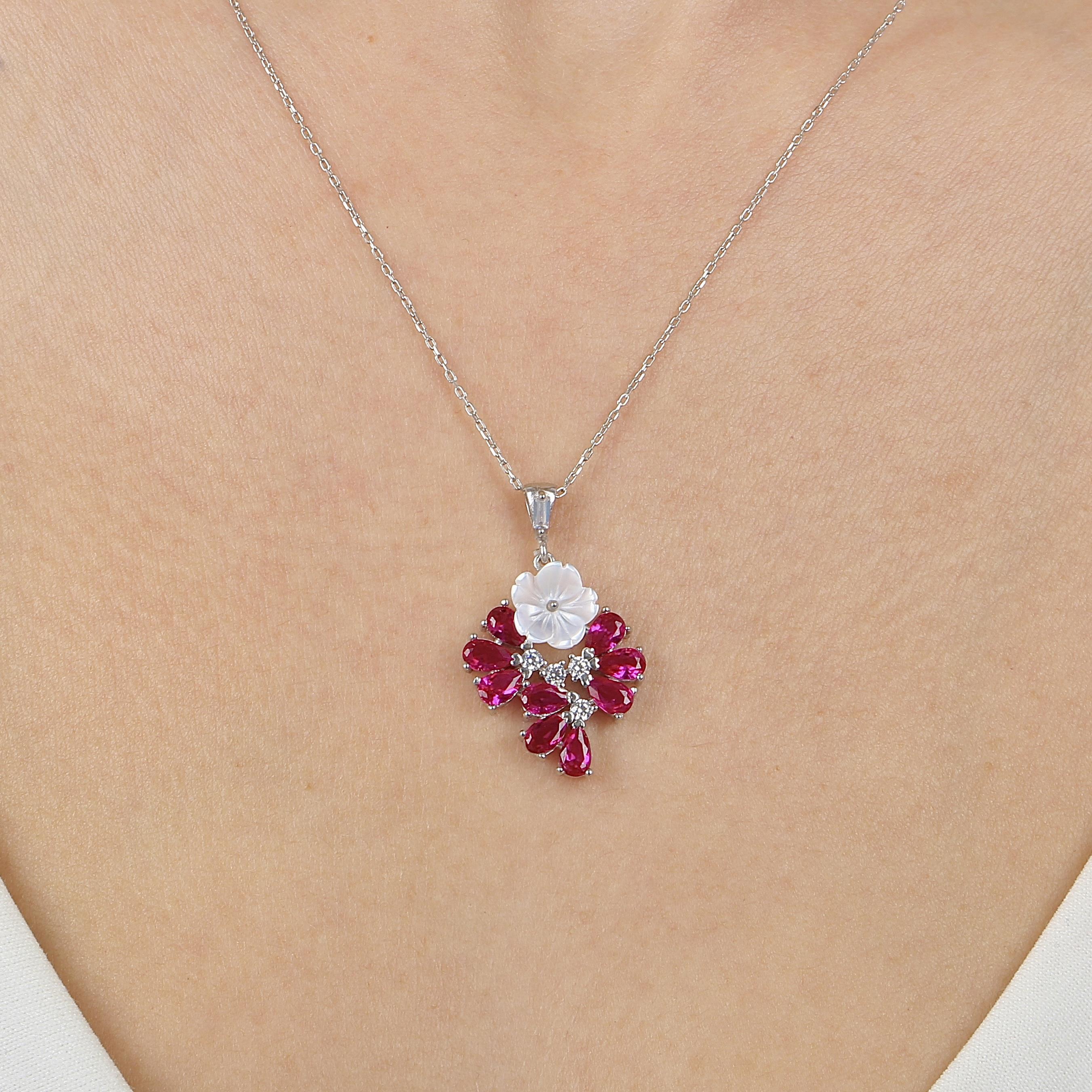 Fuchsia Stone Drop Tale Magnolia Flower Silver Necklace
