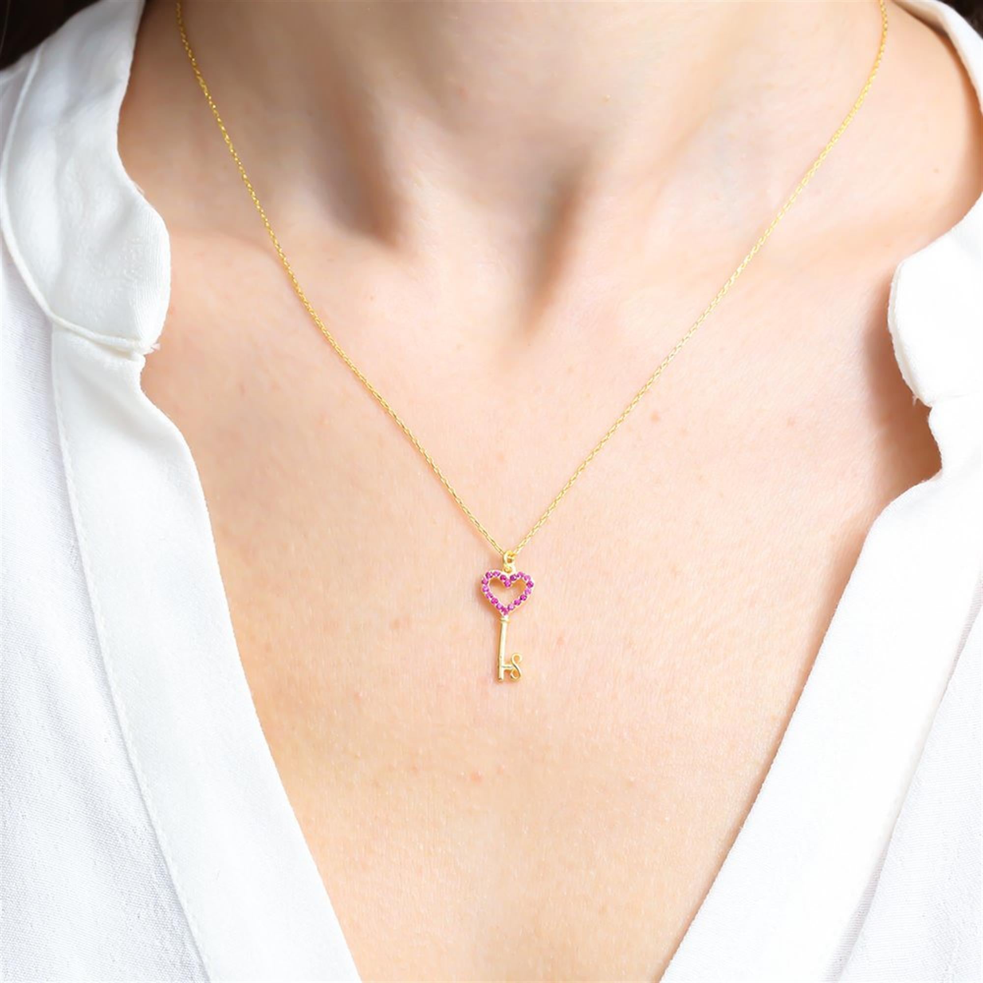 Fuchsia Stone Heart Key Gold Plated Necklace