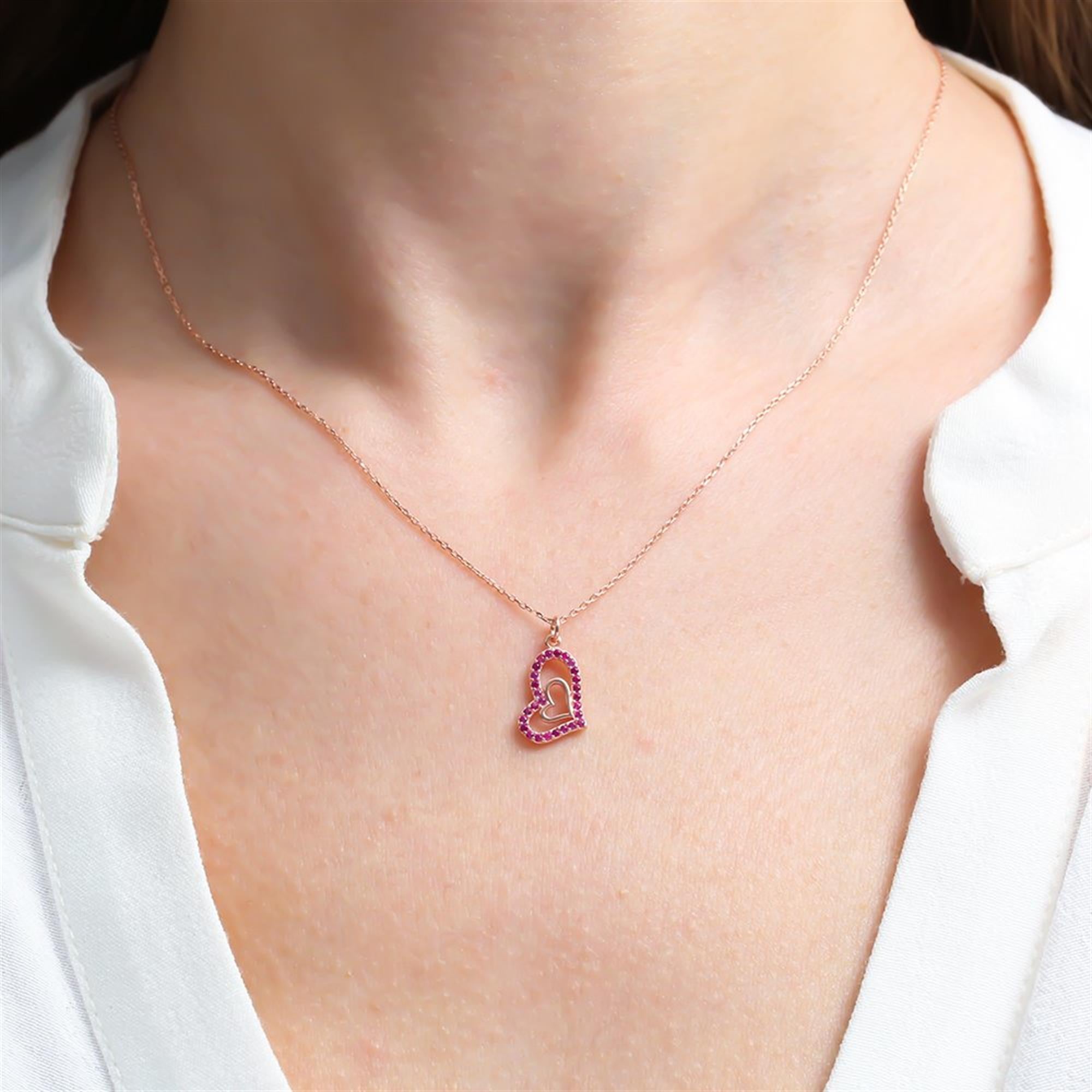 Fuchsia Double Heart Rose Gold Necklace