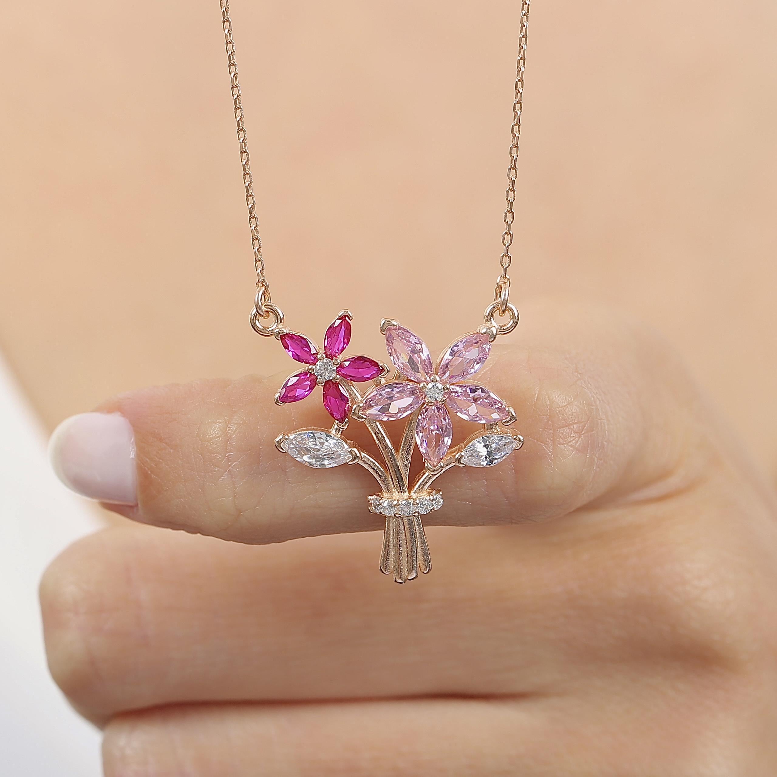 Fuchsia and Pink Stone Love Bouquet Rose Gold Necklace
