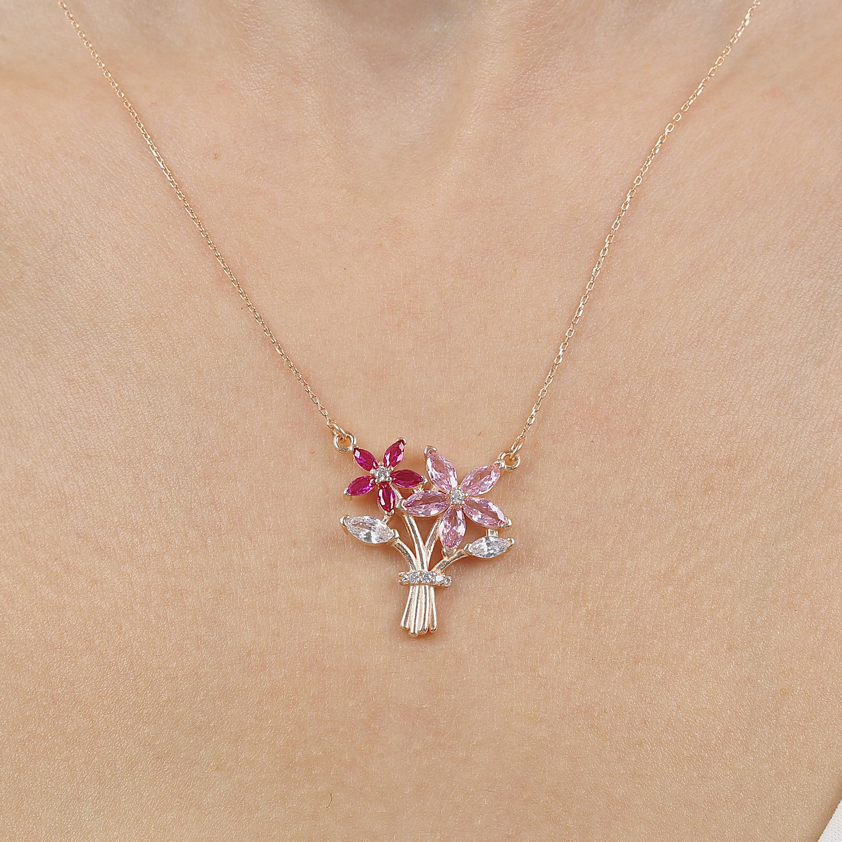 Fuchsia and Pink Stone Love Bouquet Rose Gold Necklace
