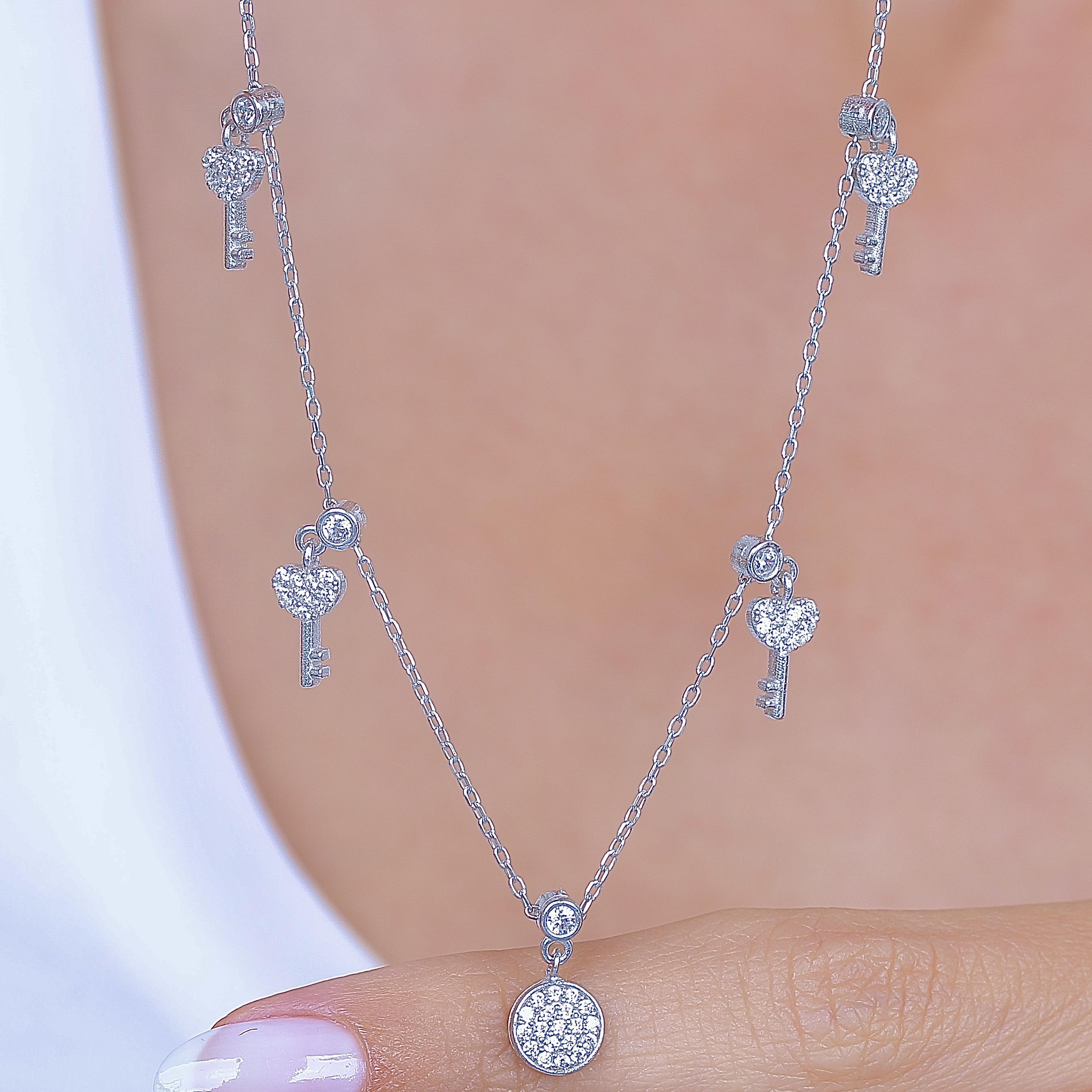 Sparkling Key Choker Silver Necklace