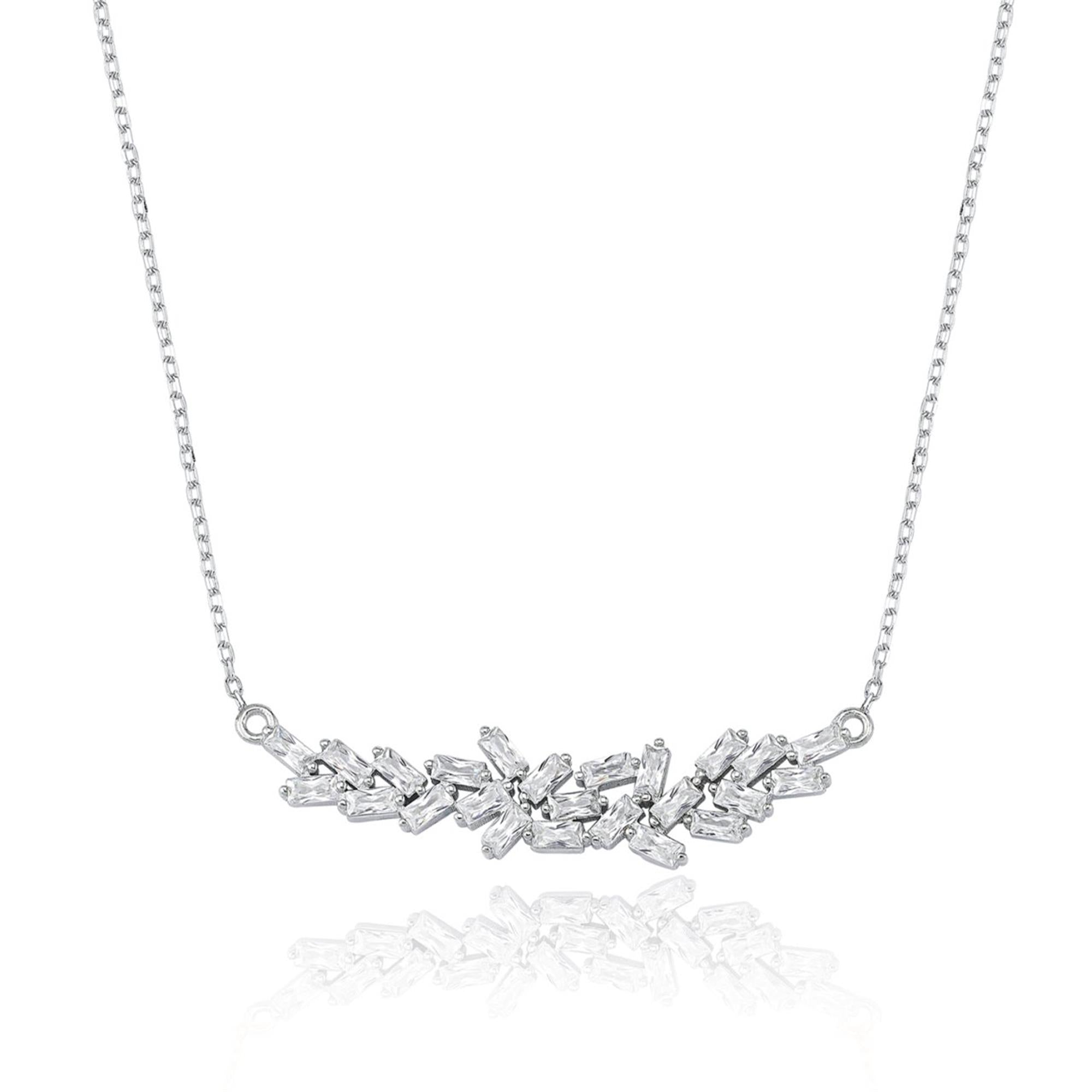 Sparkling Baguette Cluster Silver Necklace