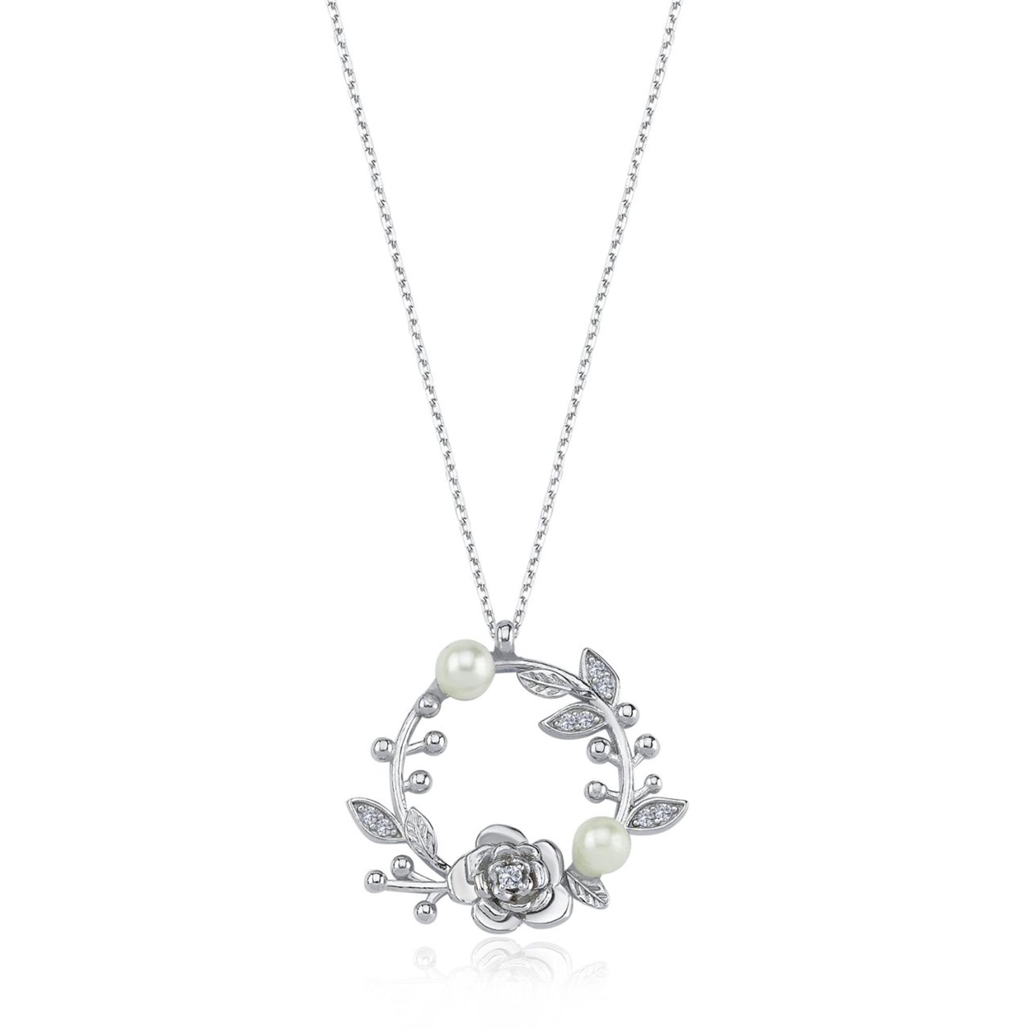 Collar de guirnalda plateado con perlas, hojas de circonita y rosa floreciente – joya botánica para un estilo romántico