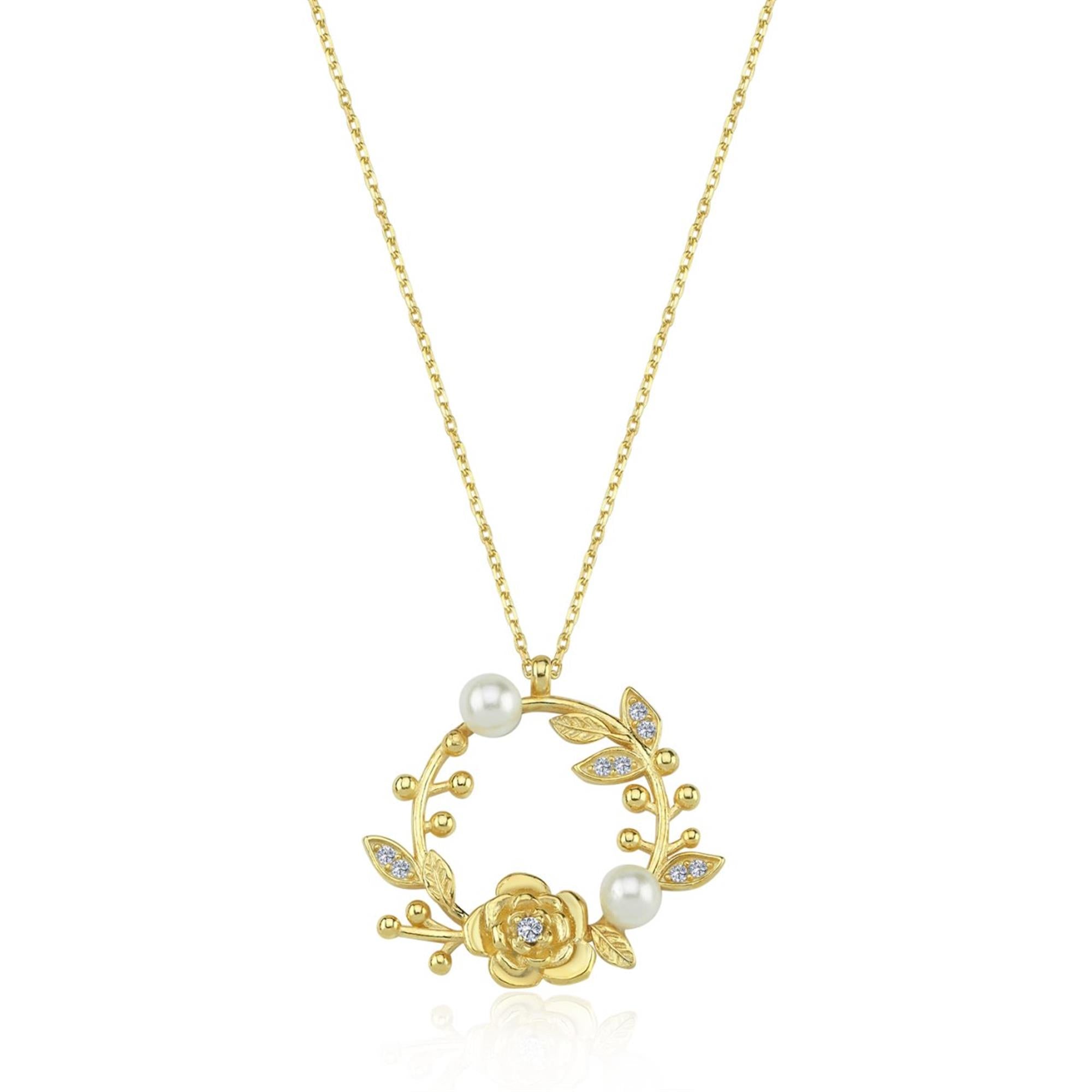 Gold wreath necklace with pearls, CZ-studded leaves, and blooming rose – botanical pendant for romantic elegance