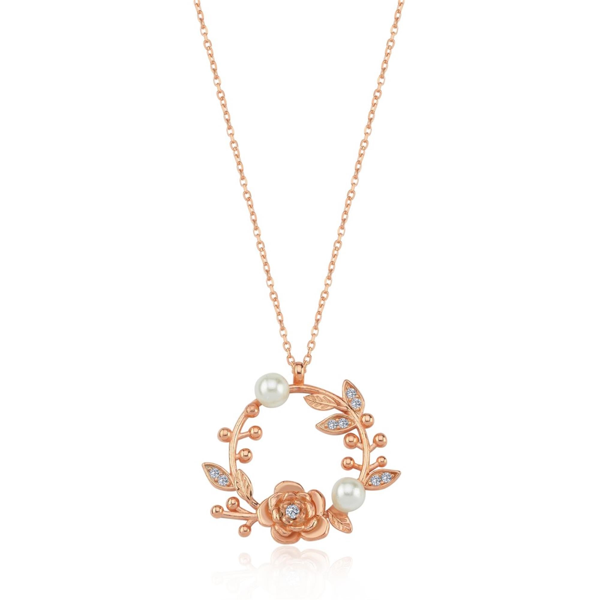 Rose Gold wreath necklace with pearls, CZ-studded leaves, and blooming rose – botanical pendant for romantic elegance