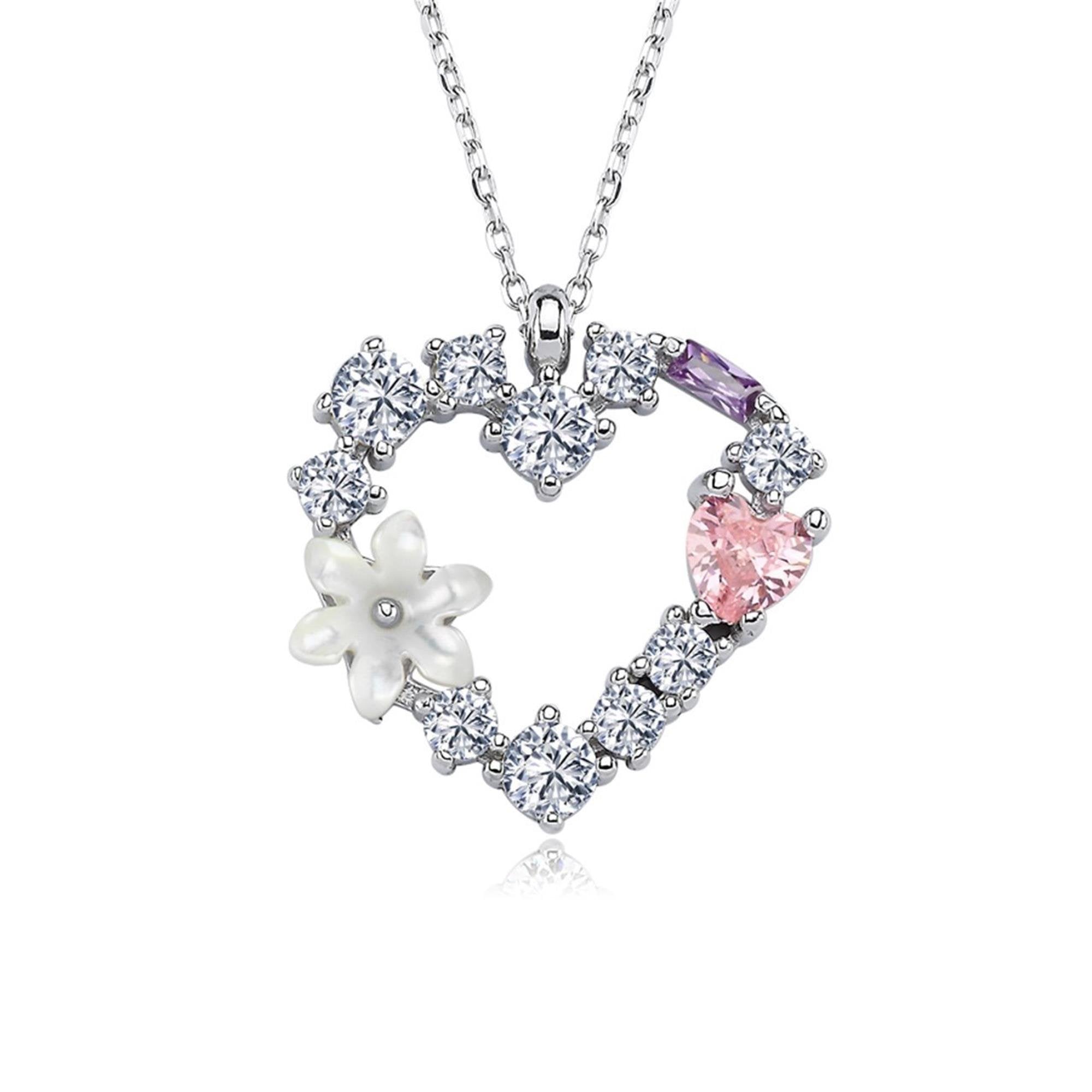 Magnolia Flower Sparkling Heart Silver Necklace