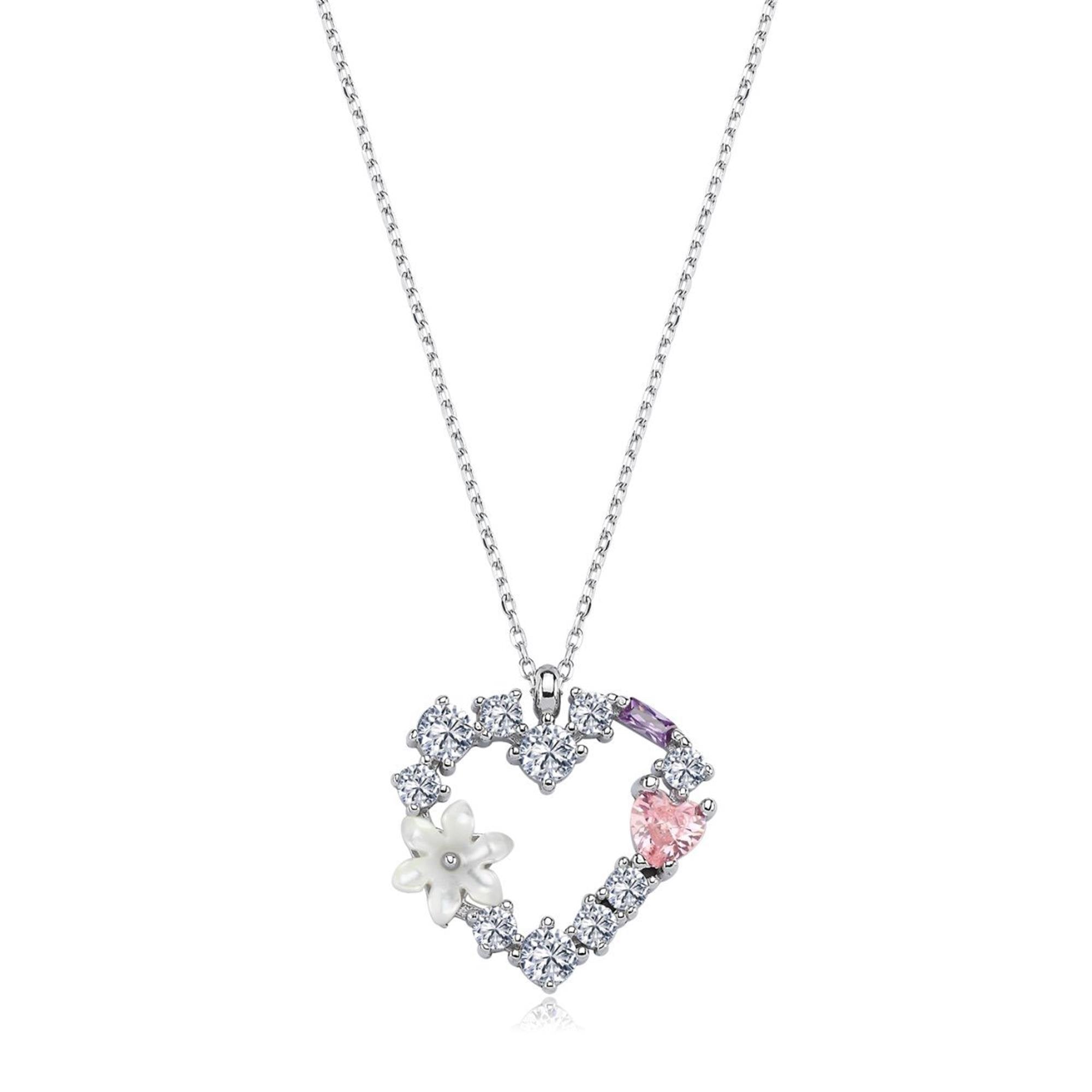 Magnolia Flower Sparkling Heart Silver Necklace