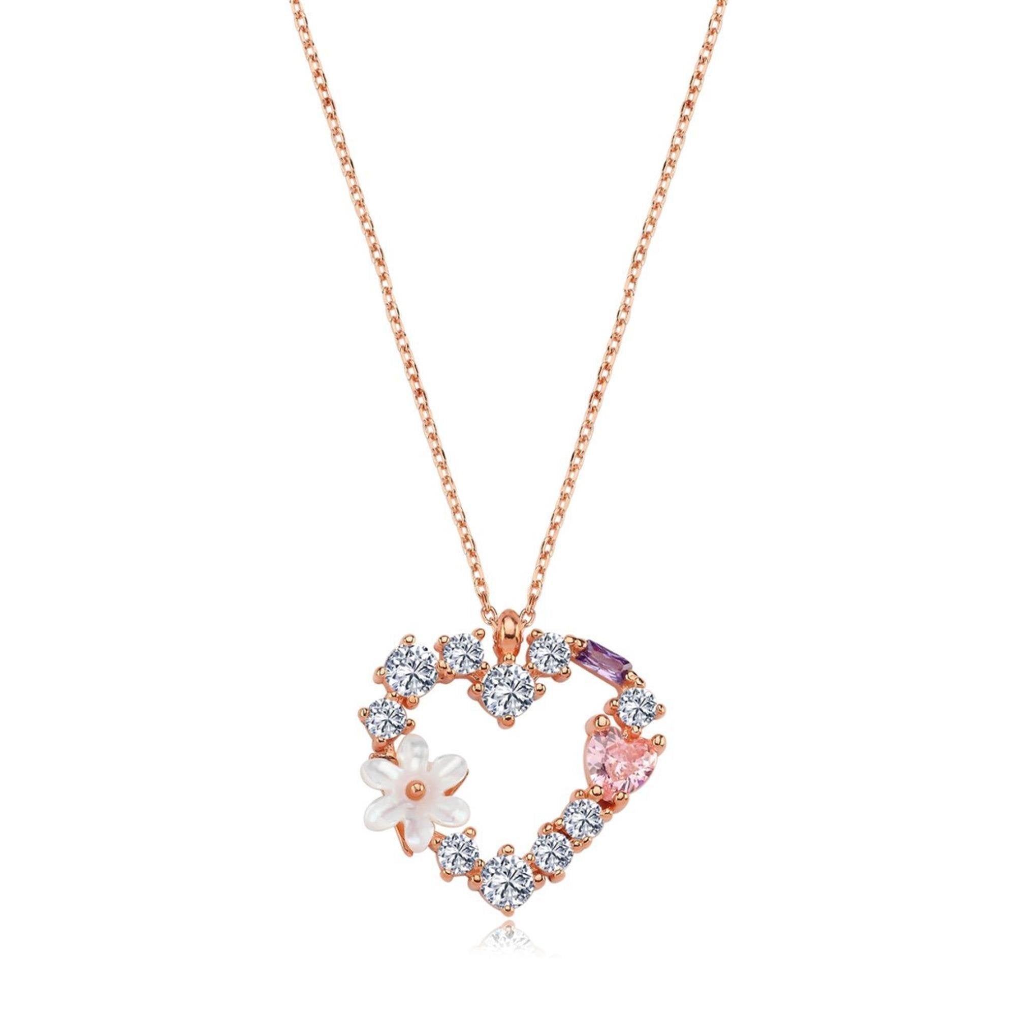 Magnolia Flower Sparkling Heart Passion Rose Gold Necklace
