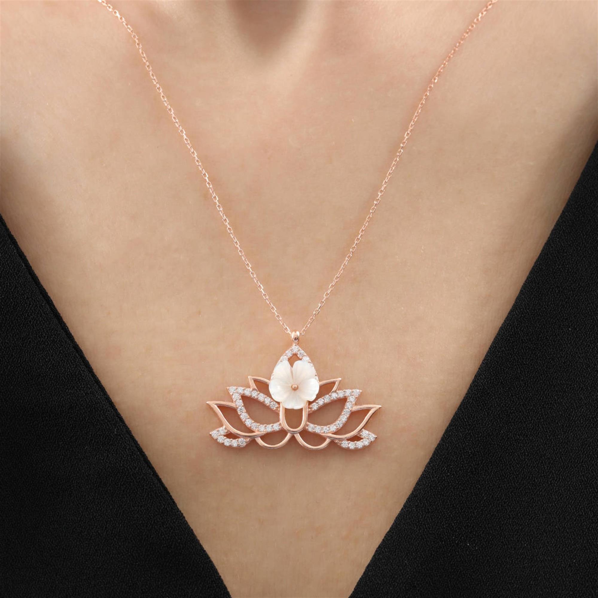 Sparkling Lotus Magnolia Flower Rose Gold Necklace