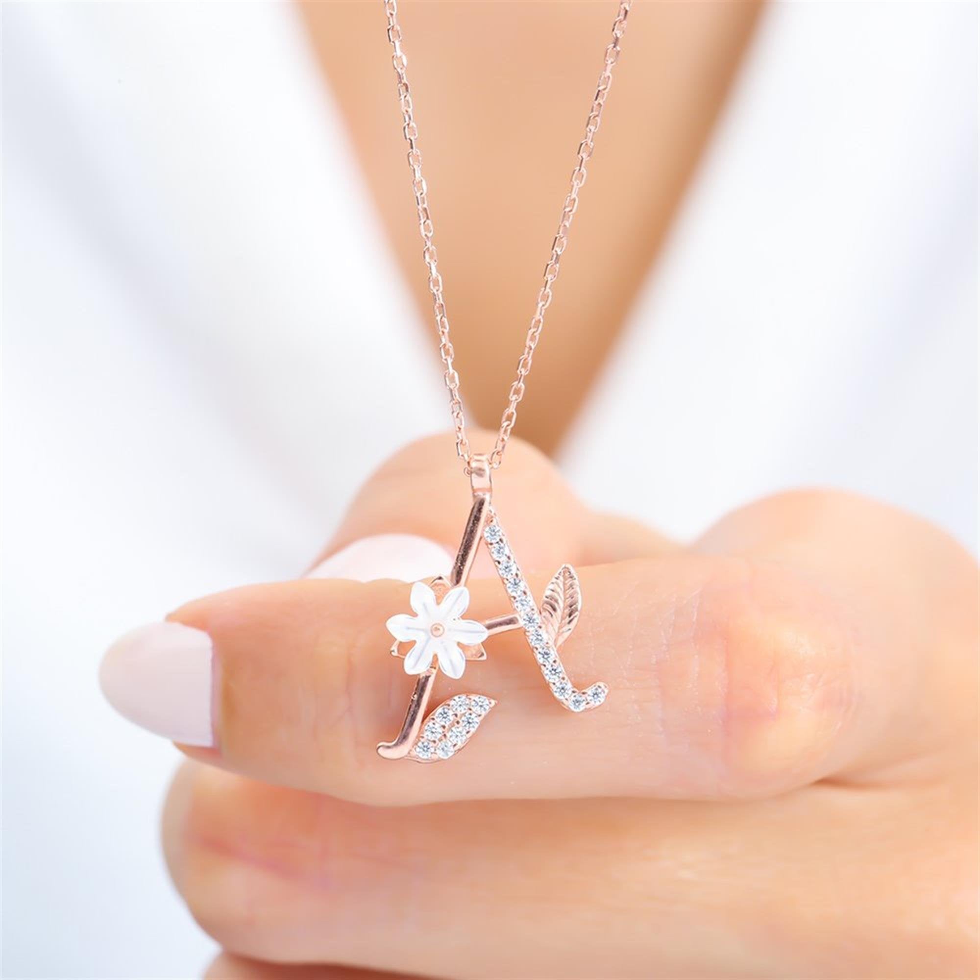 A Letter Magnolia Flower Rose Gold Necklace
