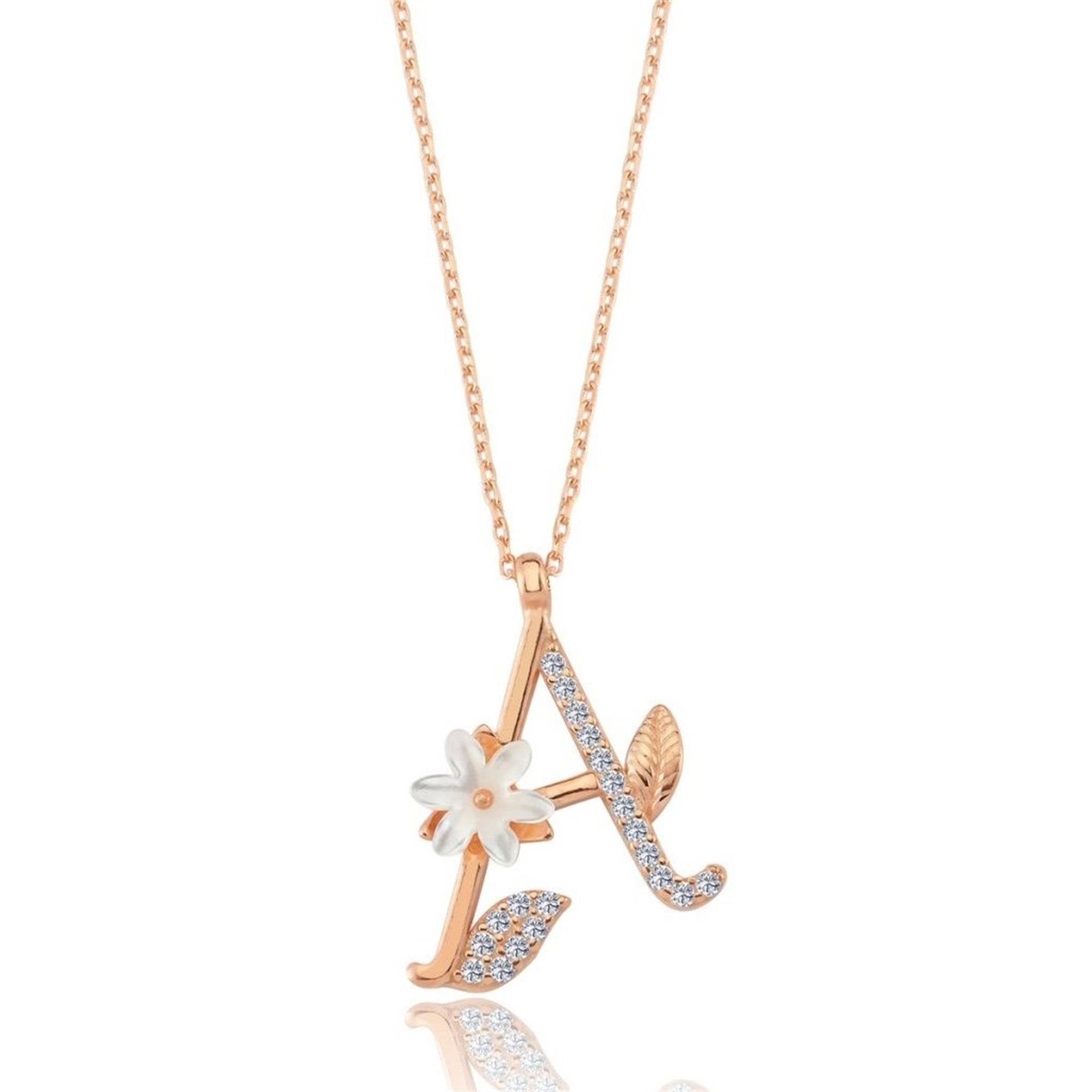 Rose gold "A" letter necklace with cubic zirconia stones, a mother-of-pearl flower, and leaf detailing – a personalized floral pendant.