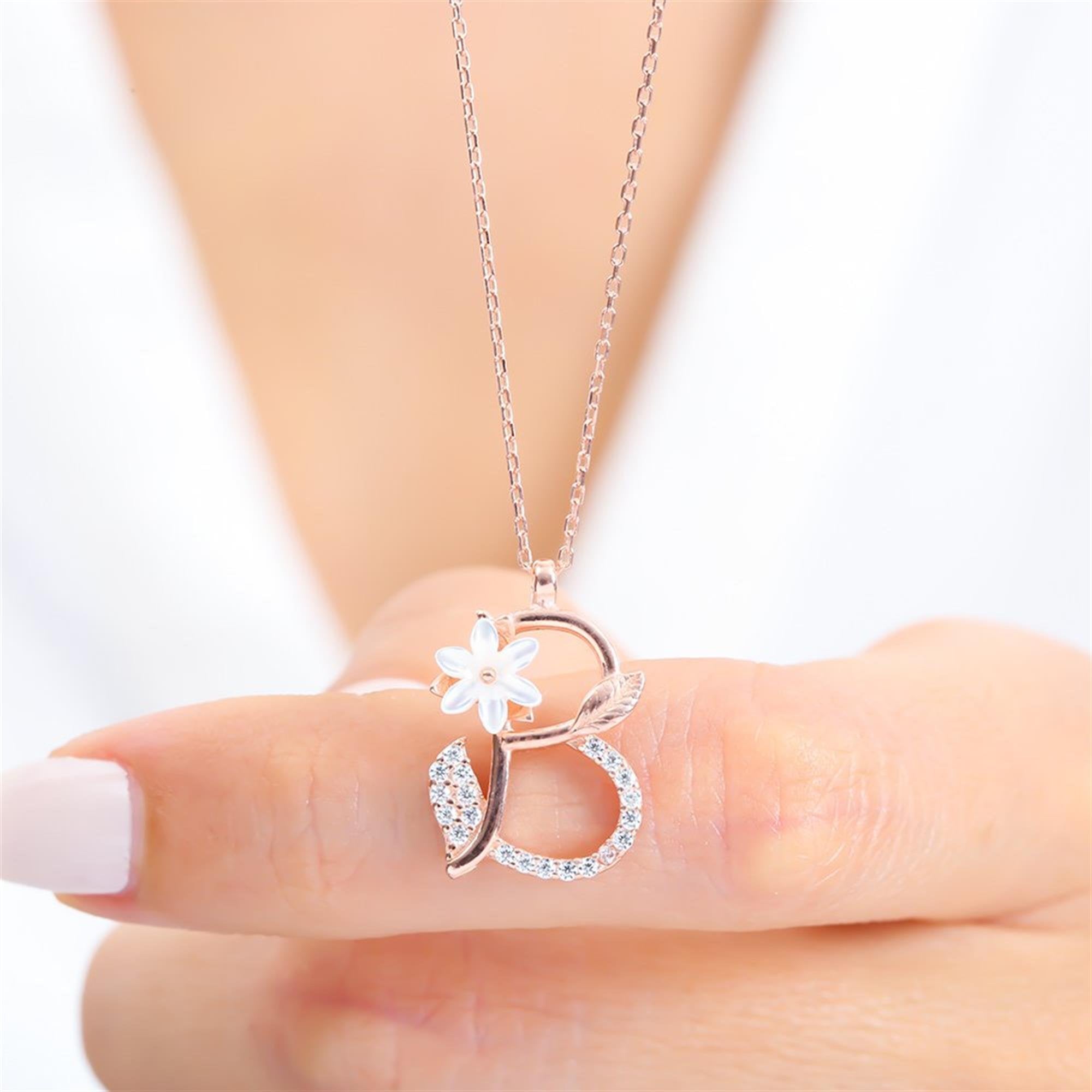 B Letter Magnolia Flower Rose Gold Necklace