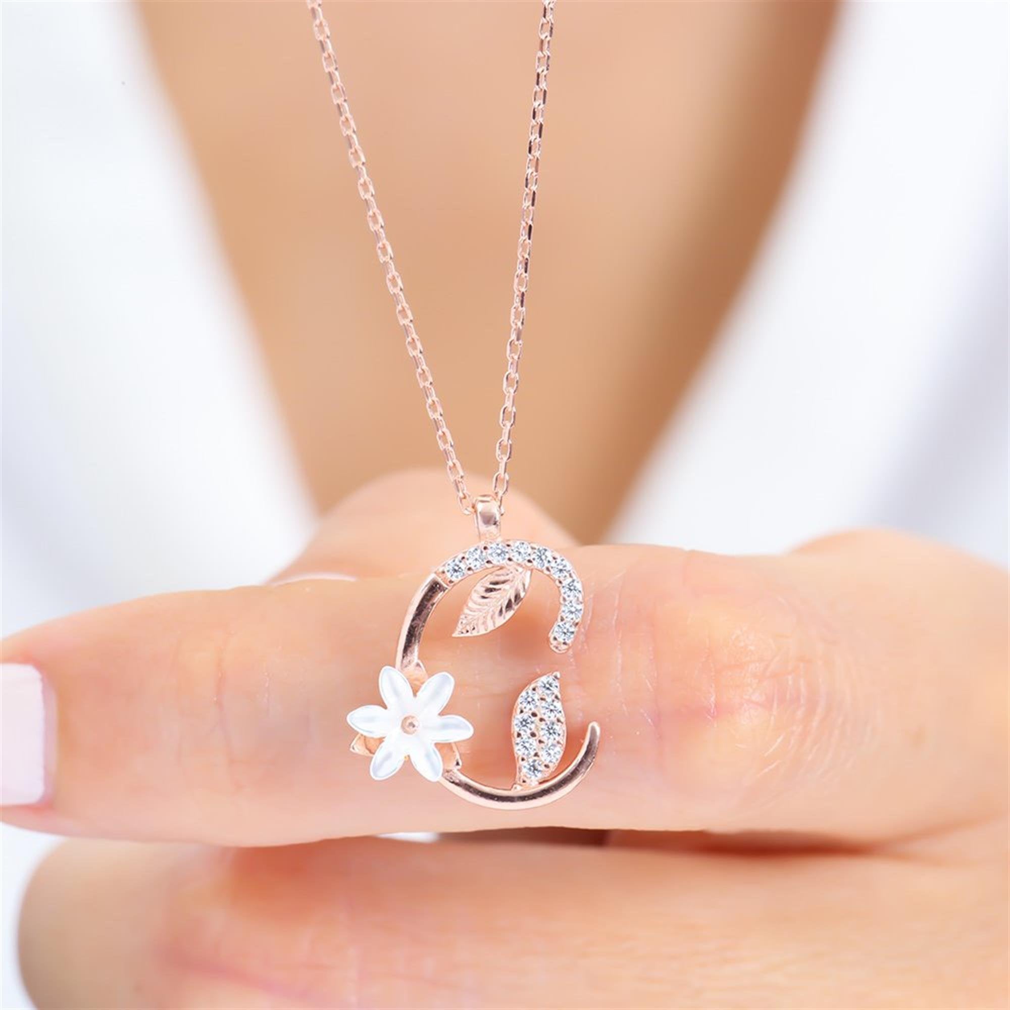 C Letter Magnolia Flower Rose Gold Necklace