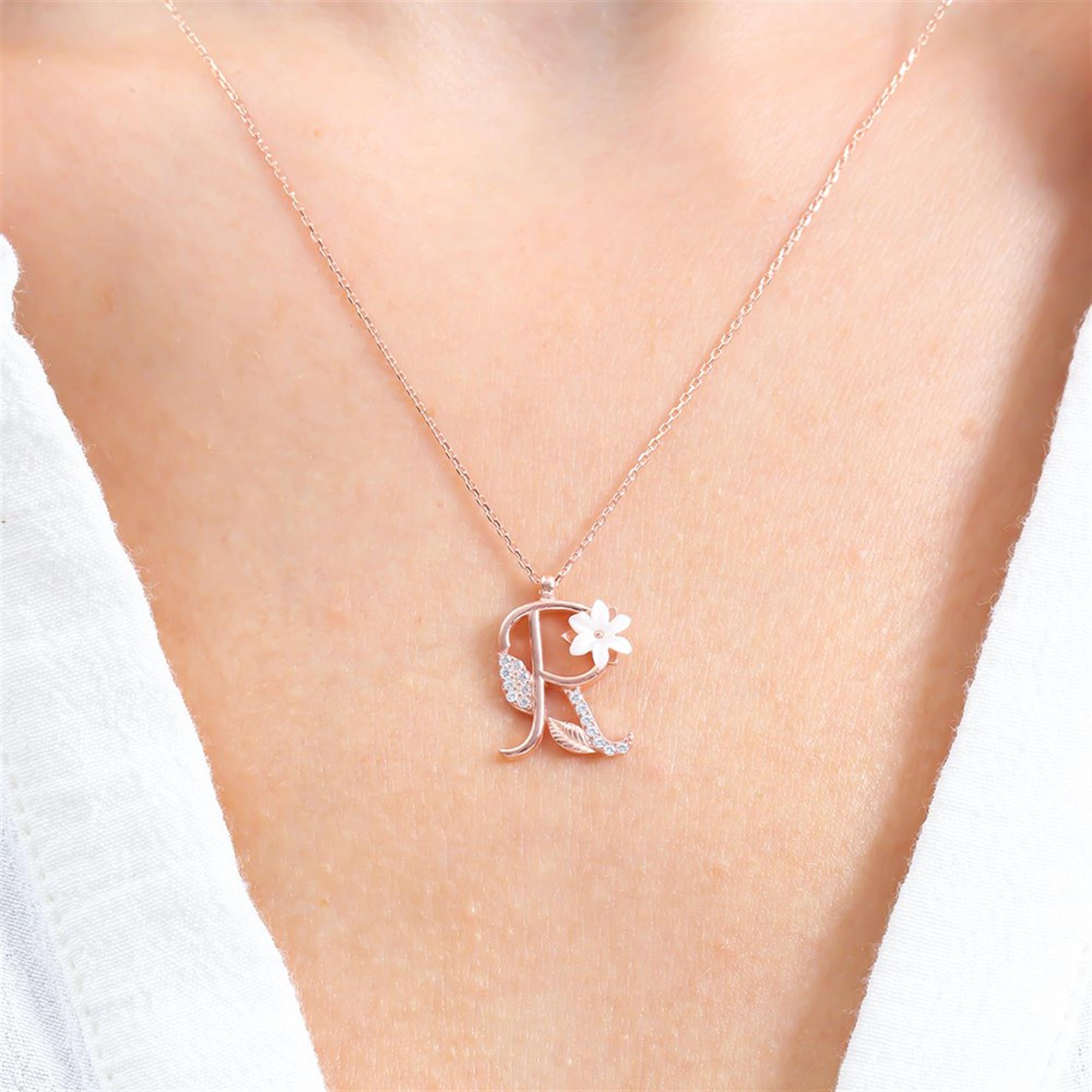 R Letter Magnolia Flower Rose Gold Necklace