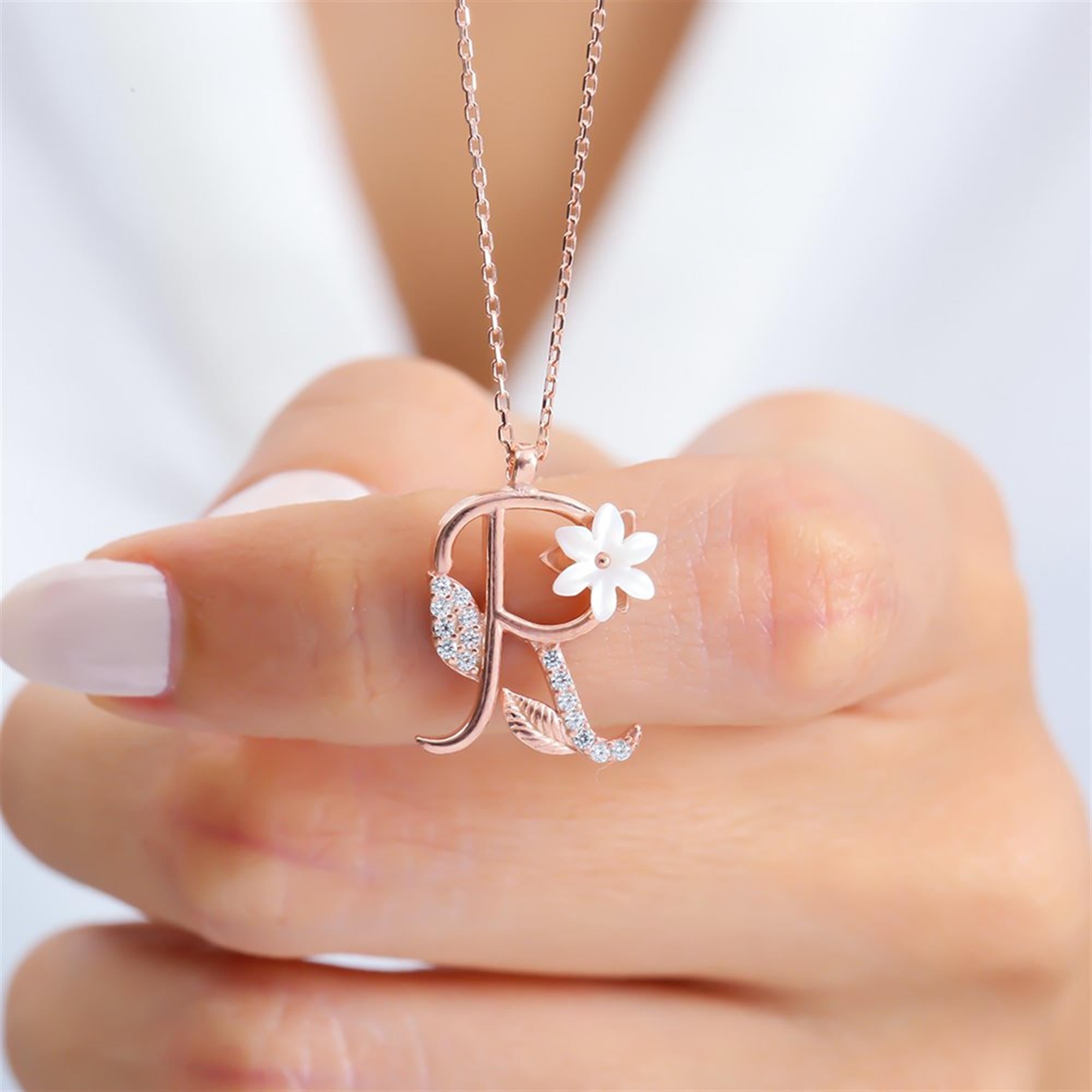 R Letter Magnolia Flower Rose Gold Necklace