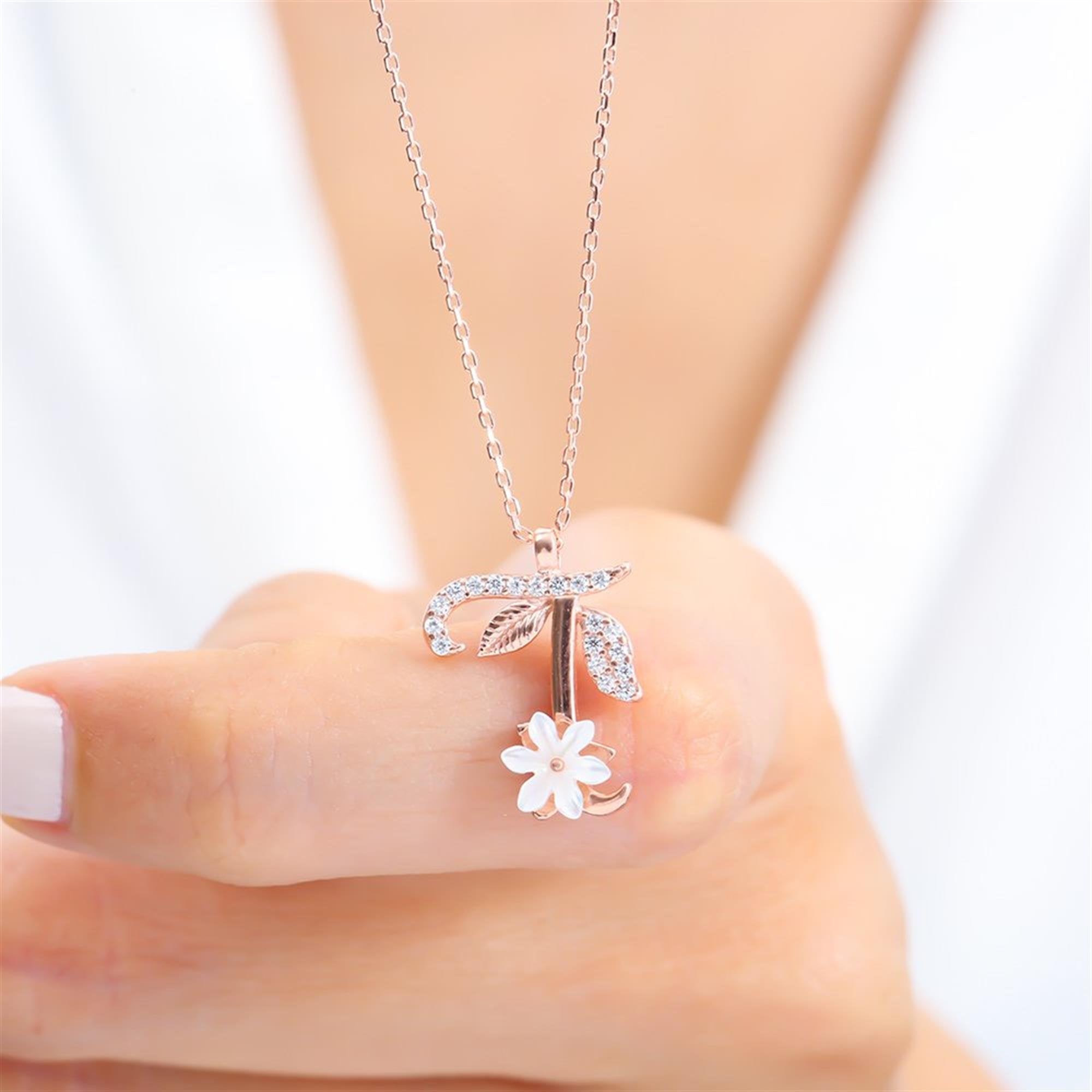 T Letter Magnolia Flower Rose Gold Necklace