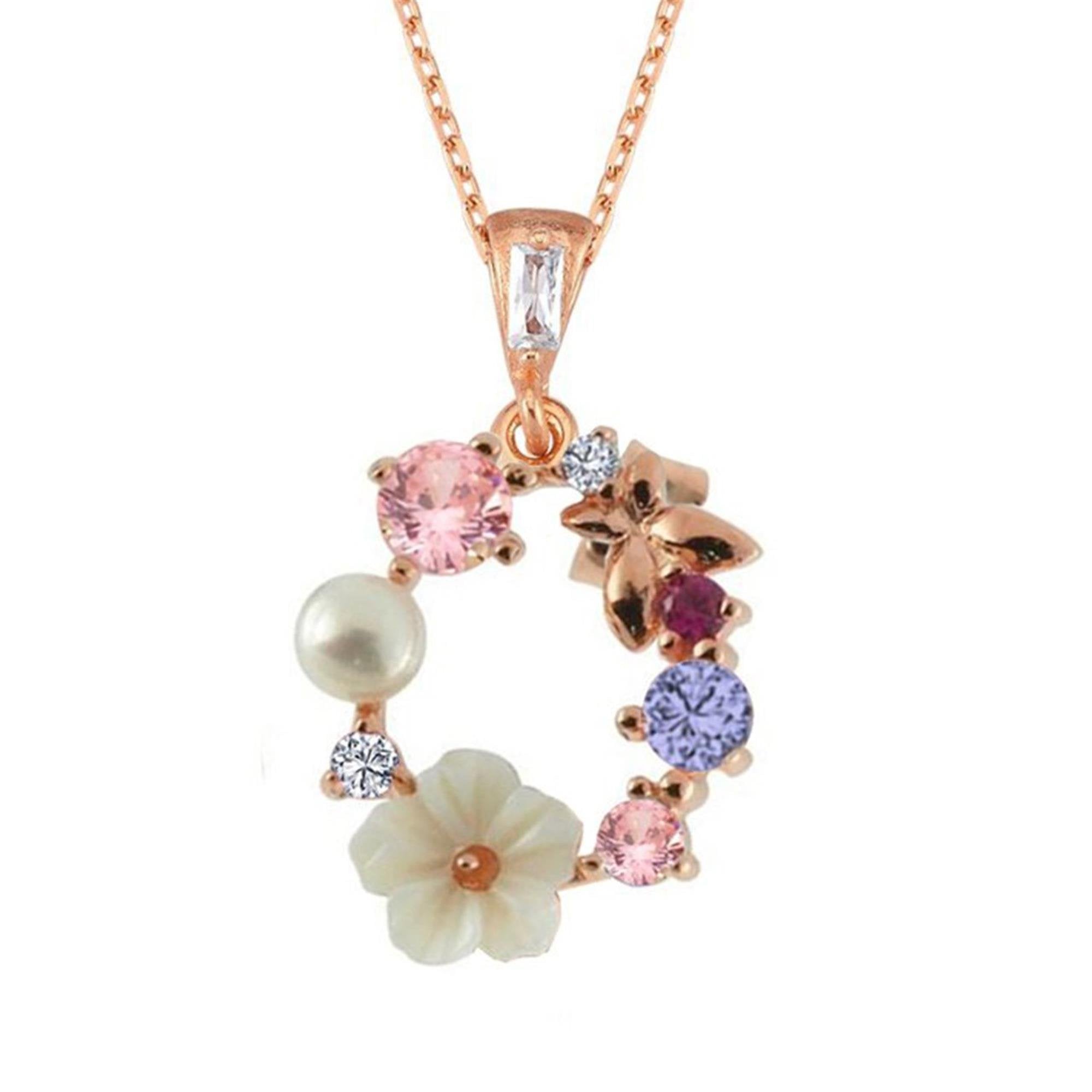 Collar estilo italiano en oro rosa con piedras pastel y perla – elegancia floral suave para un encanto diario.
