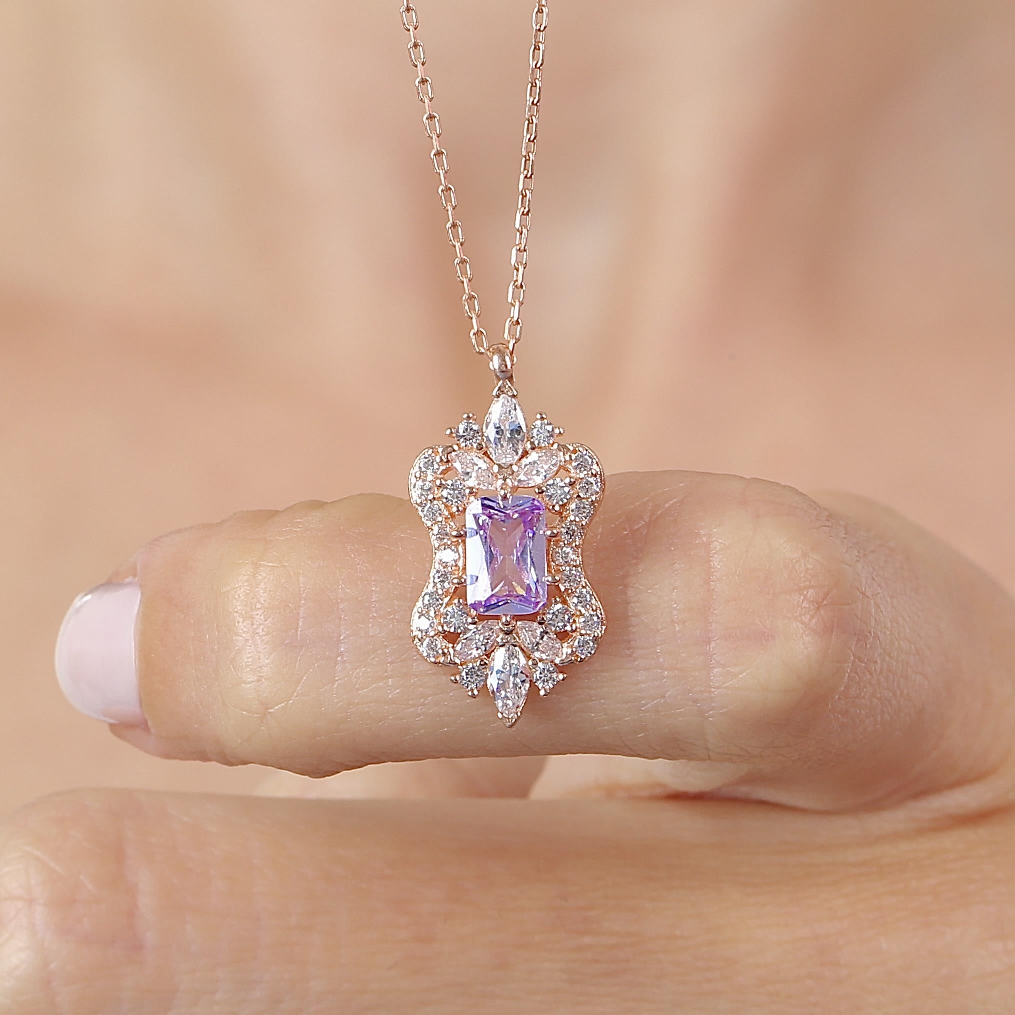 Lilac Stone Sparkle Classic Vintage Rose Gold Necklace