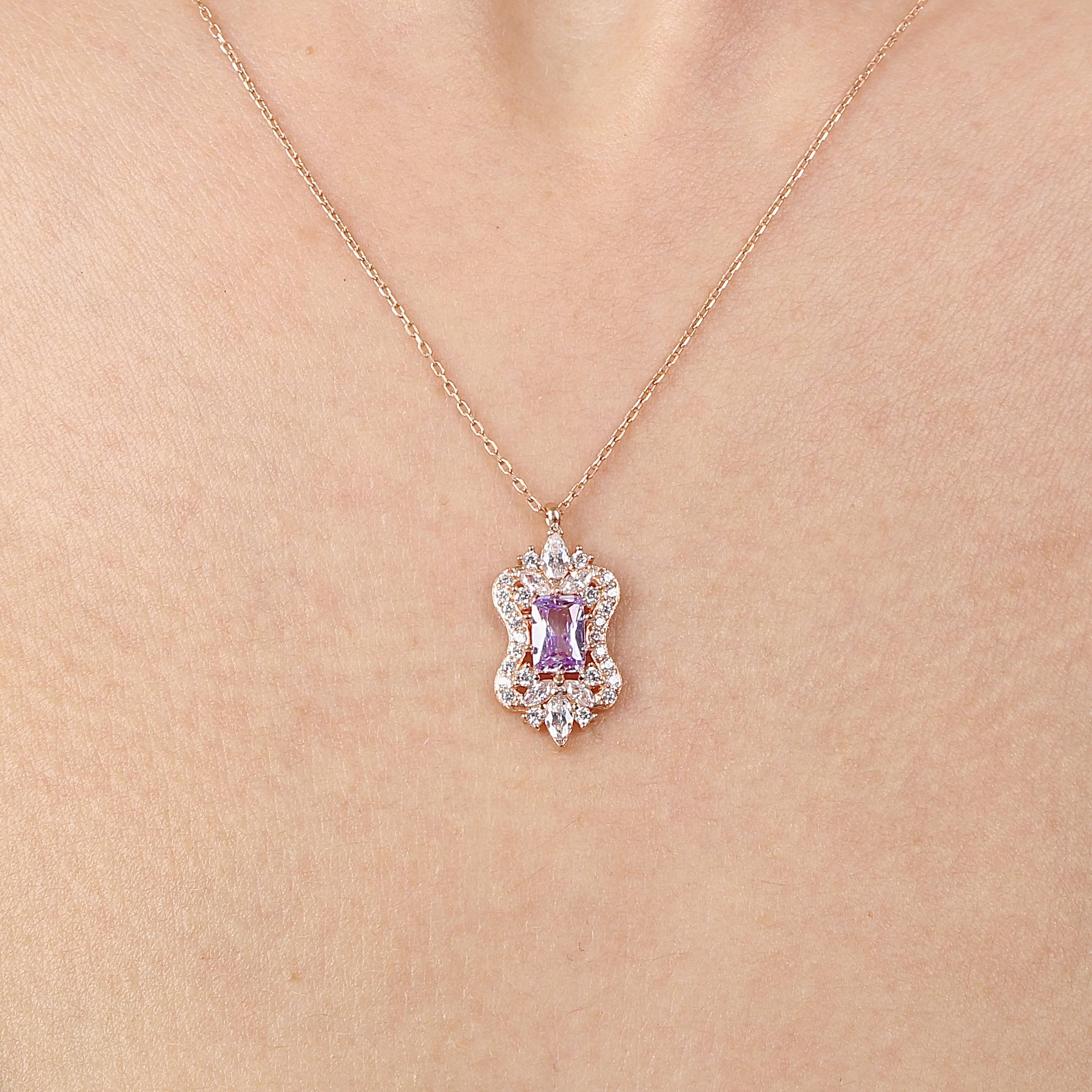 Lilac Stone Sparkle Classic Vintage Rose Gold Necklace