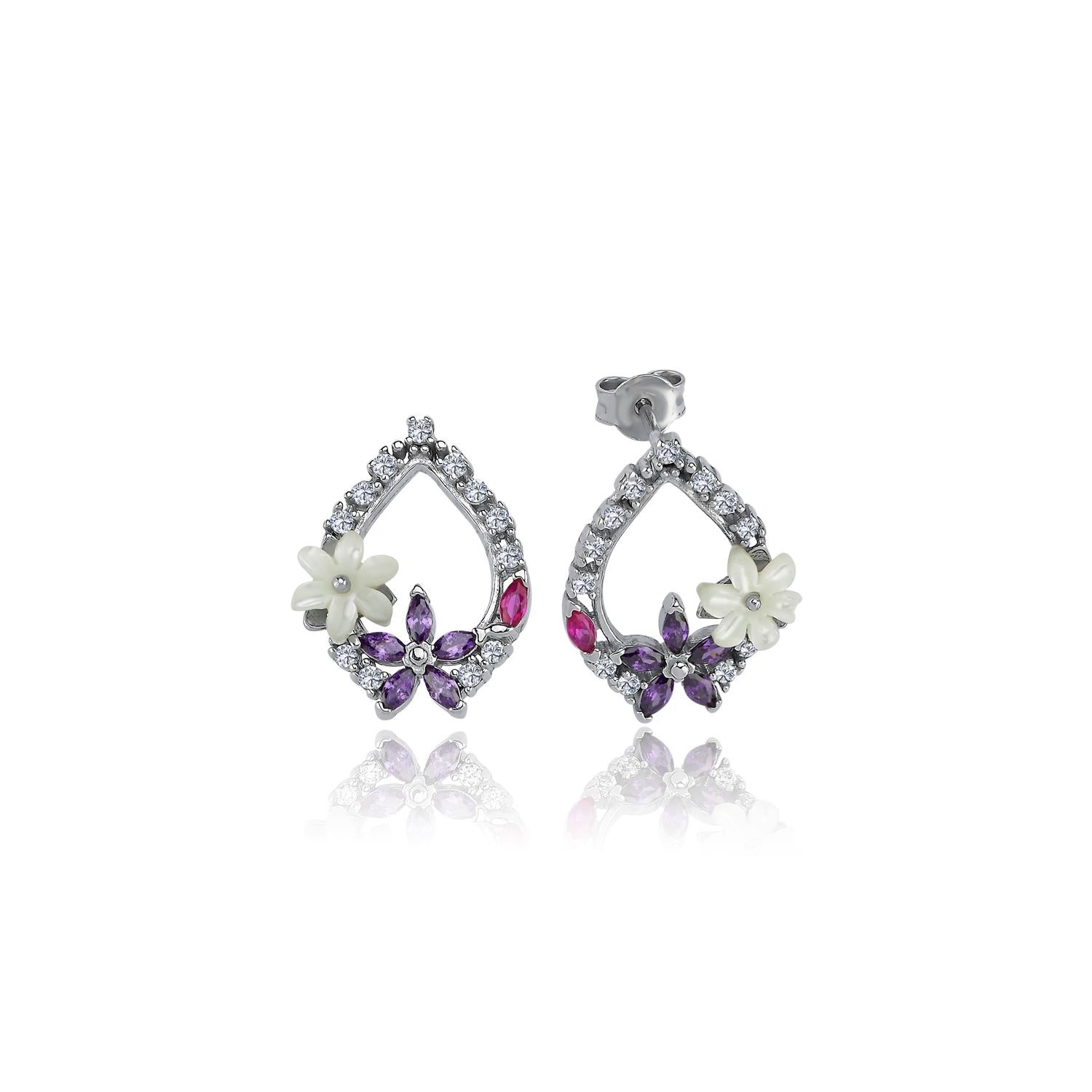 Magnolia Flower Amethyst Drop Silver Earrings