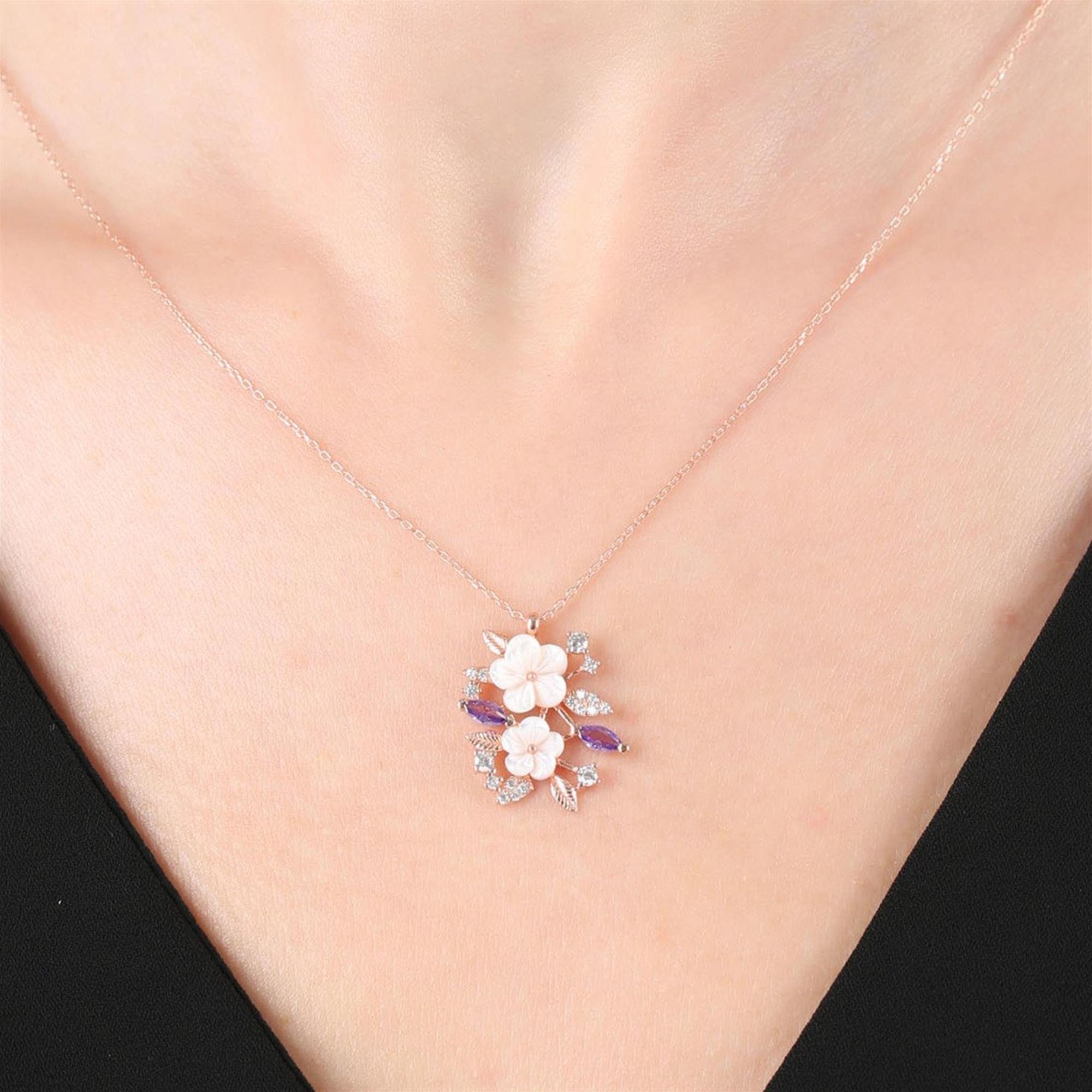 Amethyst Magnolia Flower Rose Gold Necklace
