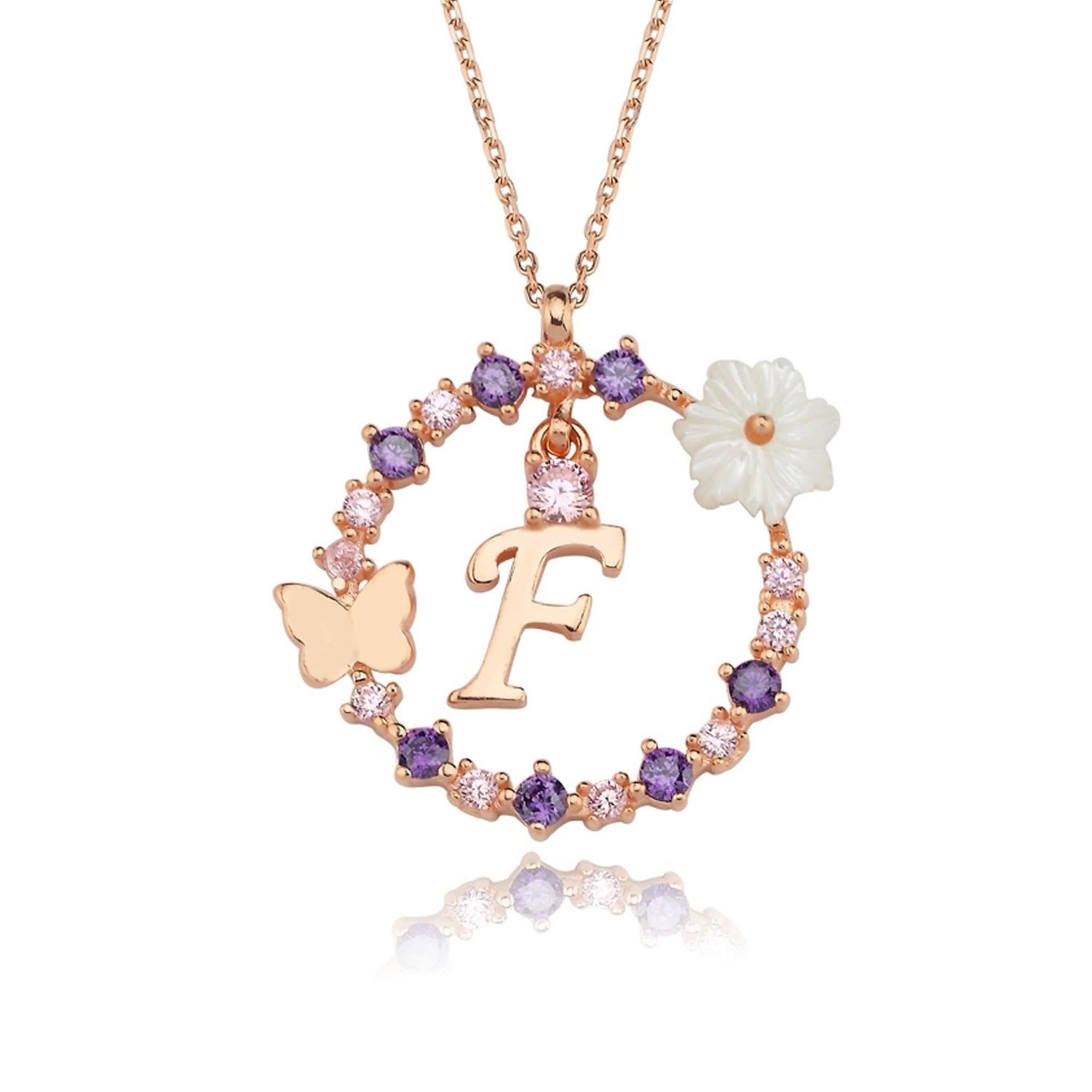 F Letter Magnolia Flower Rose Gold Plated Silver Necklace