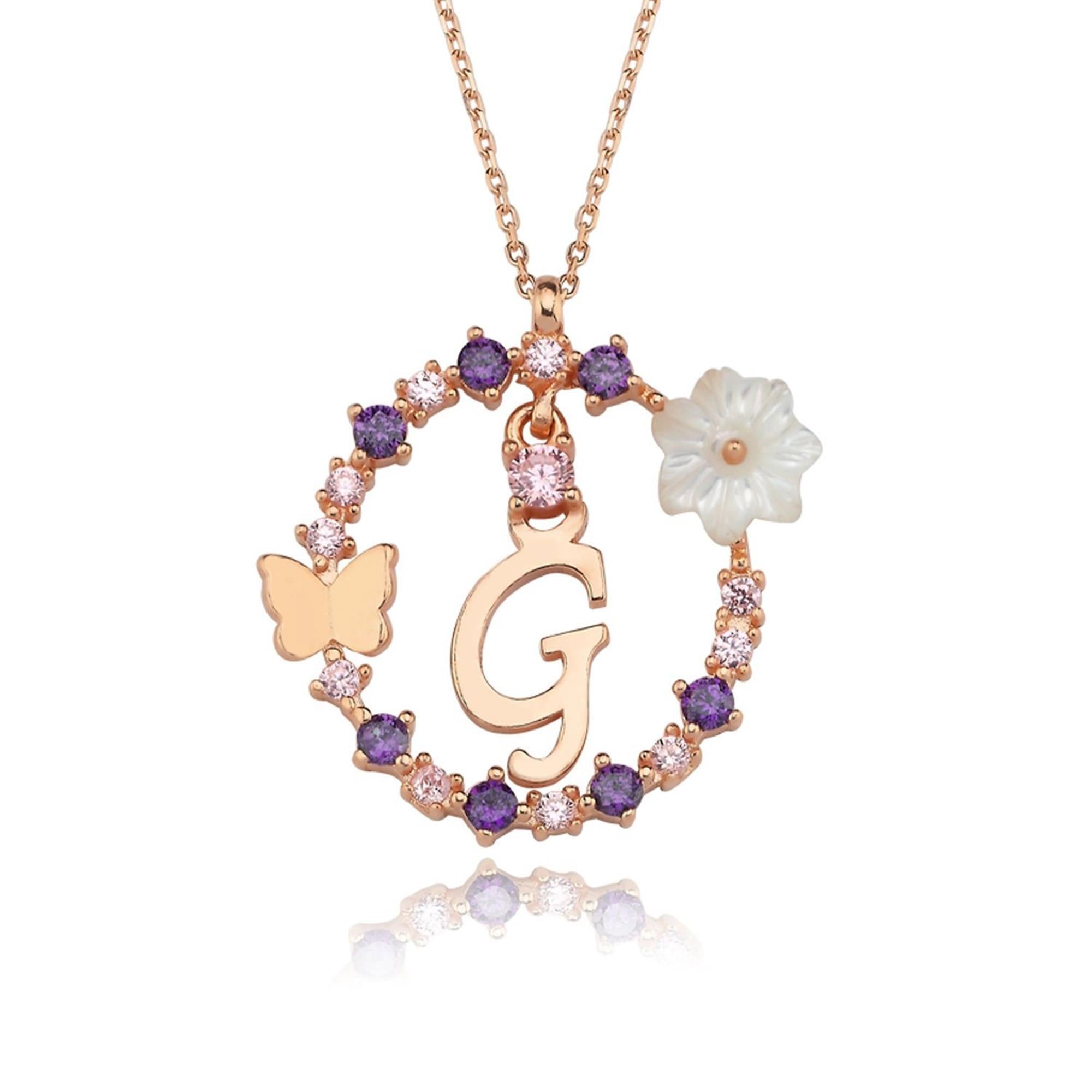 G Letter Magnolia Flower Rose Gold Plated Silver Necklace
