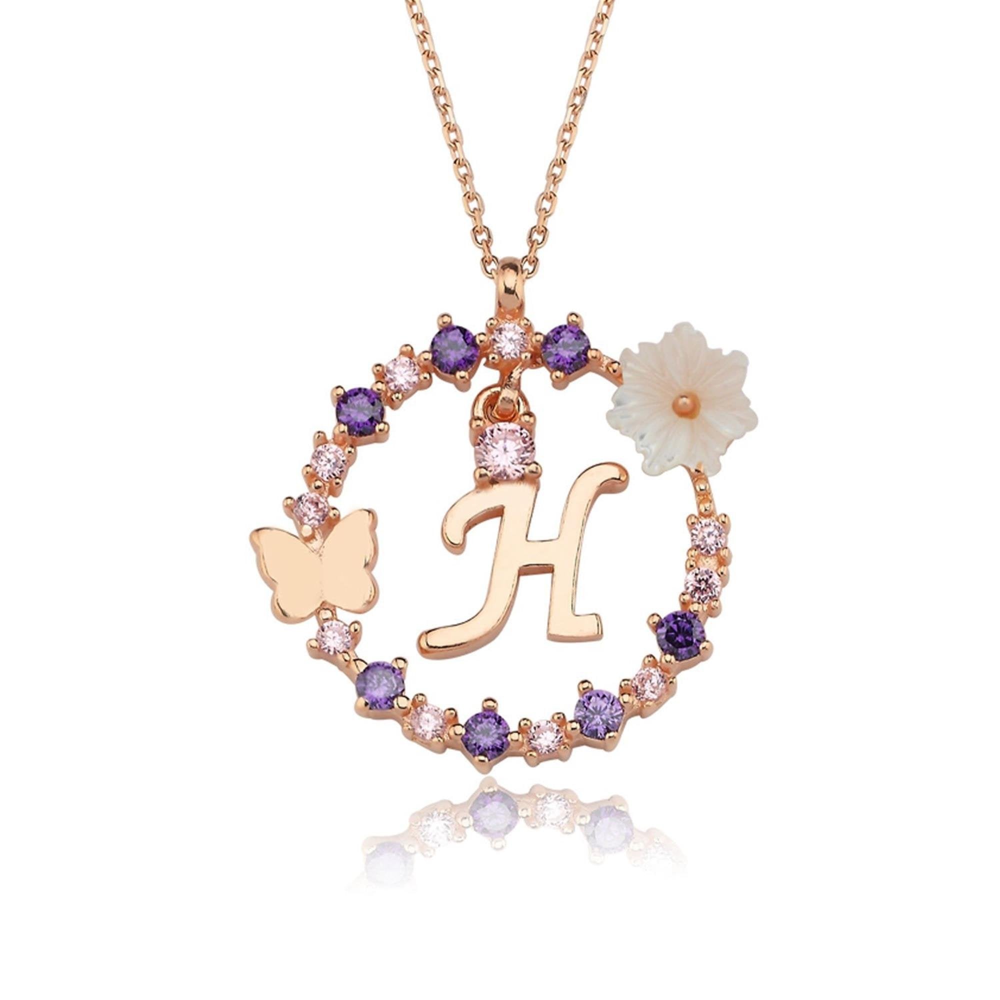 H Letter Magnolia Flower Rose Gold Plated Silver Necklace