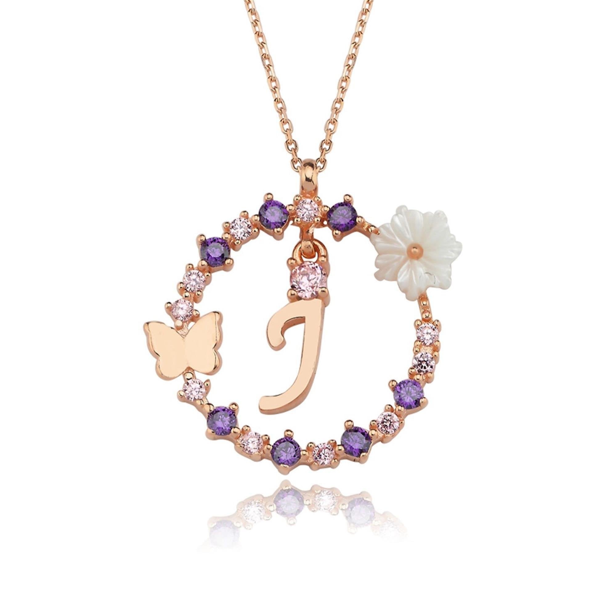 J Letter Magnolia Flower Rose Gold Plated Silver Necklace