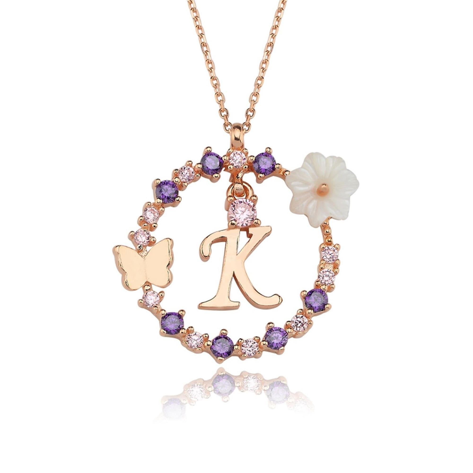 K Letter Magnolia Flower Rose Gold Plated Silver Necklace