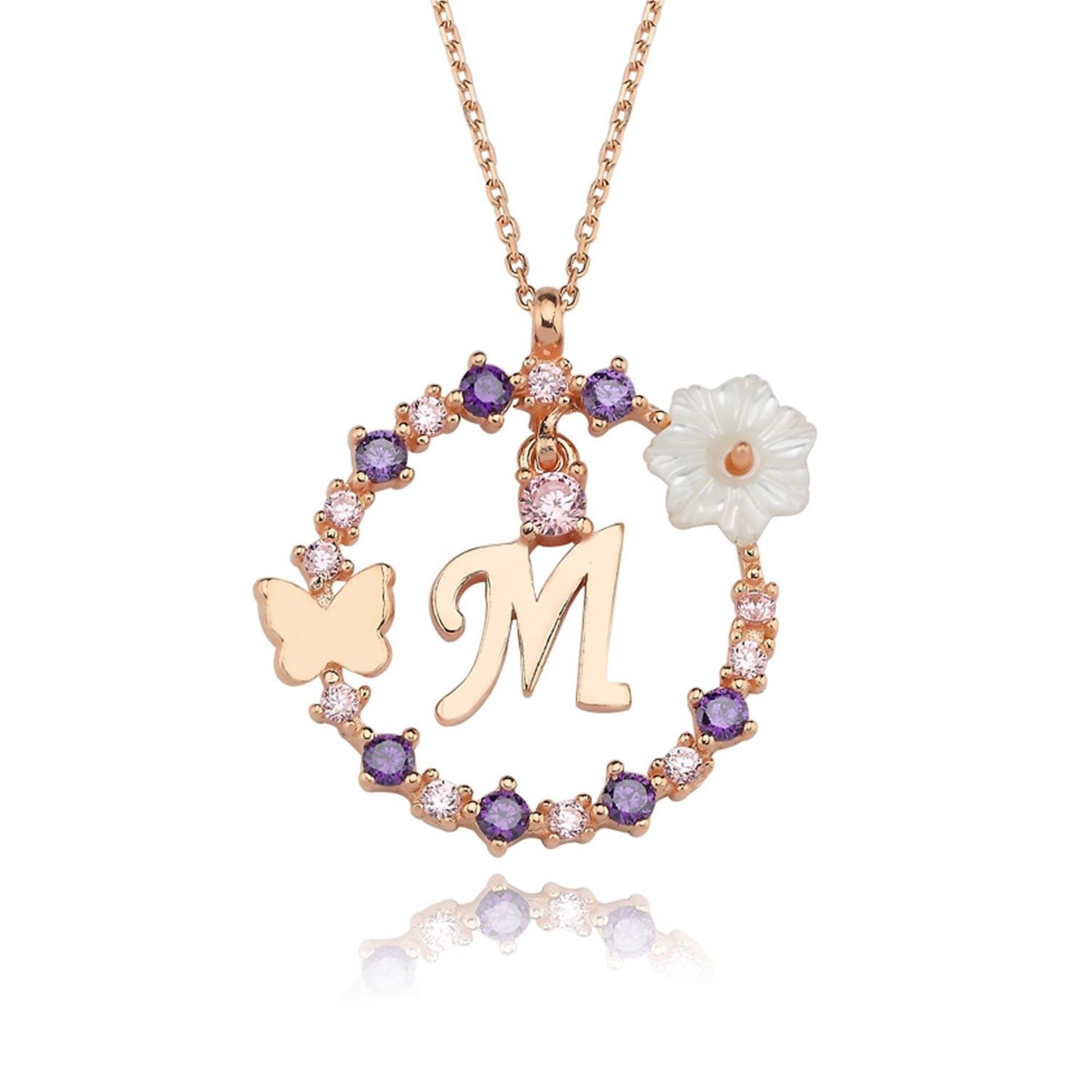 M Letter Magnolia Flower Rose Gold Plated Silver Necklace