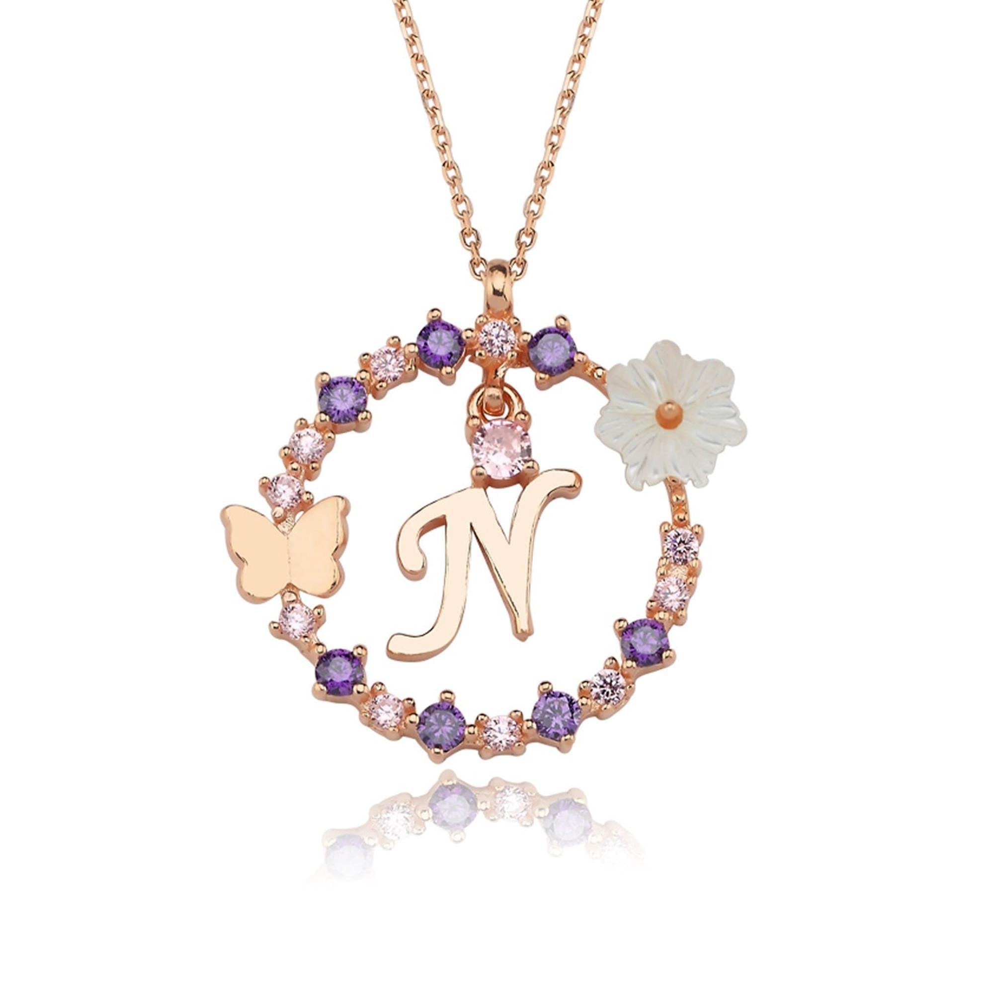 N Letter Magnolia Flower Rose Gold Plated Silver Necklace