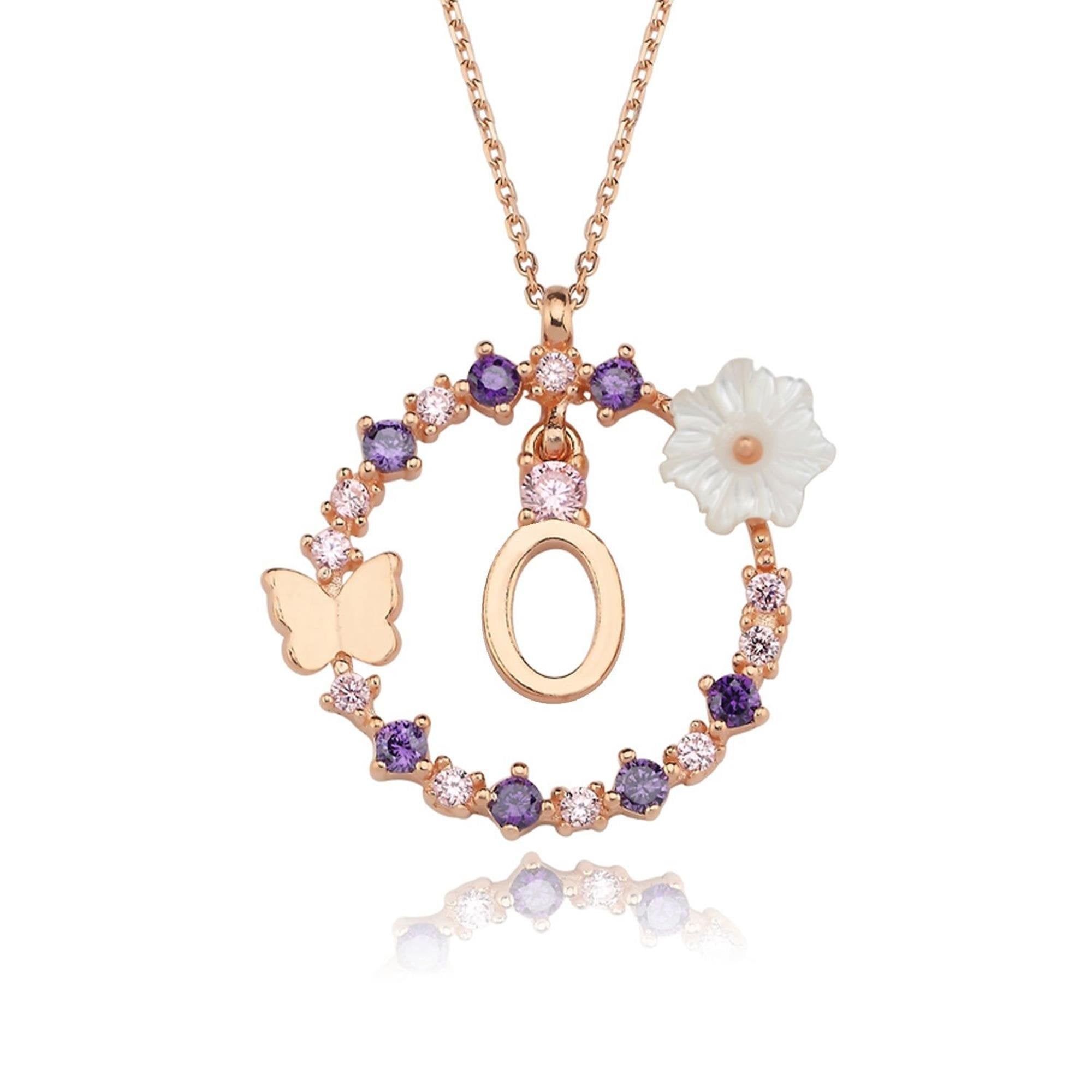 O Letter Magnolia Flower Rose Gold Plated Silver Necklace