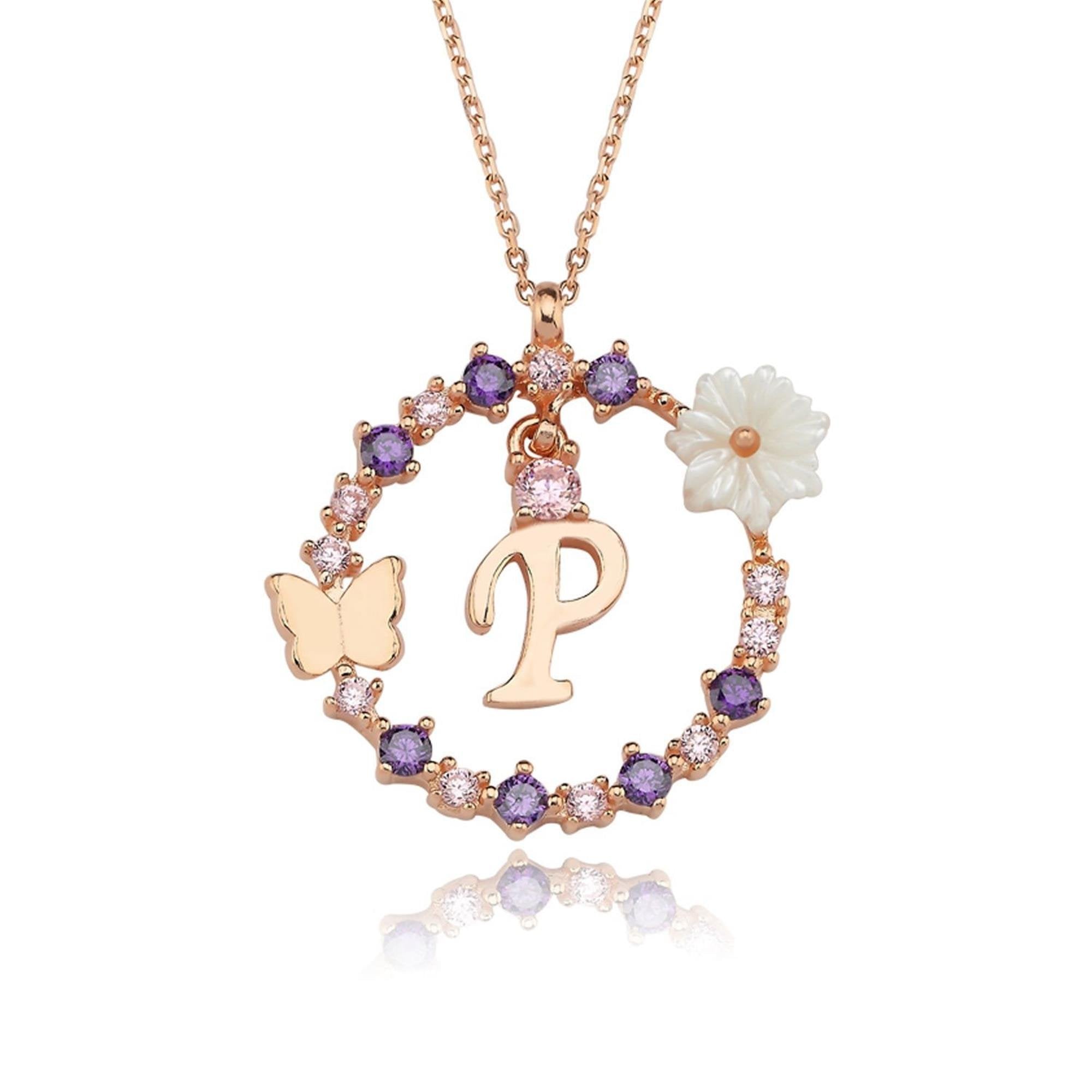P Letter Magnolia Flower Rose Gold Plated Silver Necklace