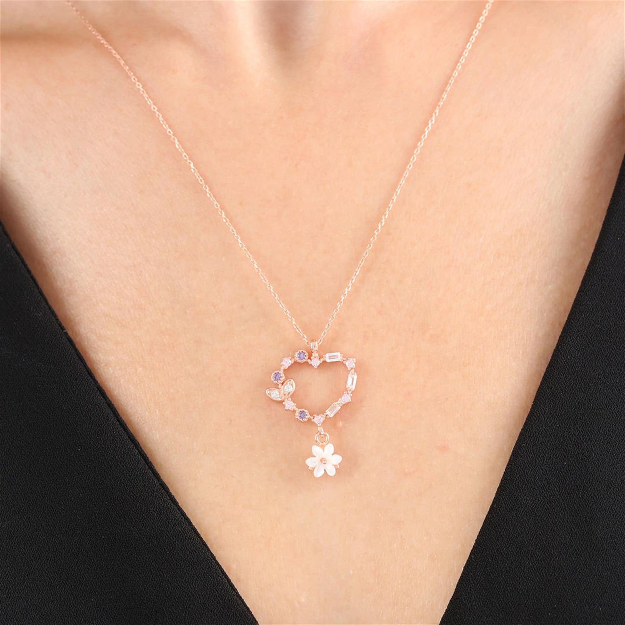 Magnolia Flower Mixed Stone Heart Charm Rose Gold Necklace