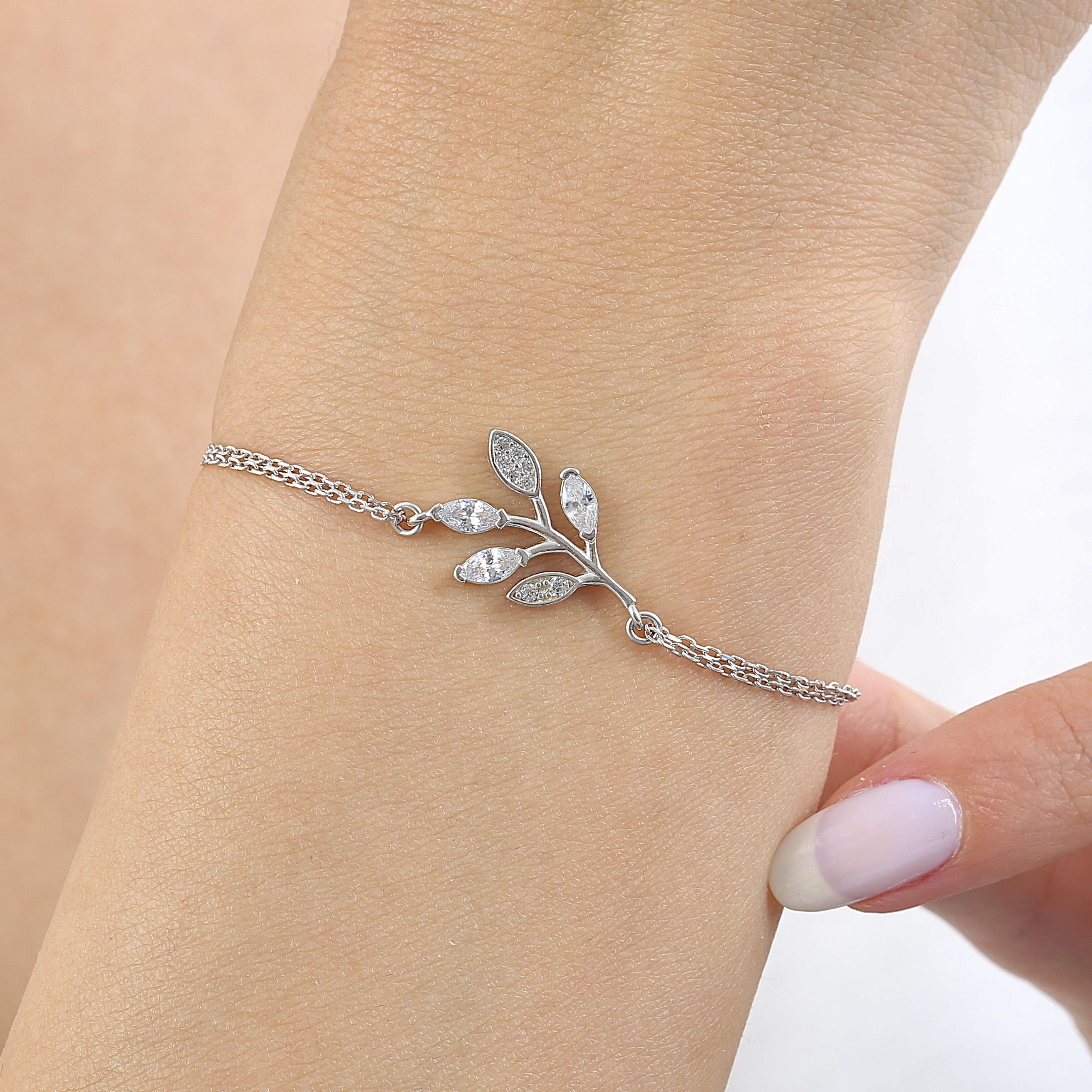 Marquise Stone Olive Branch Silver Bracelet
