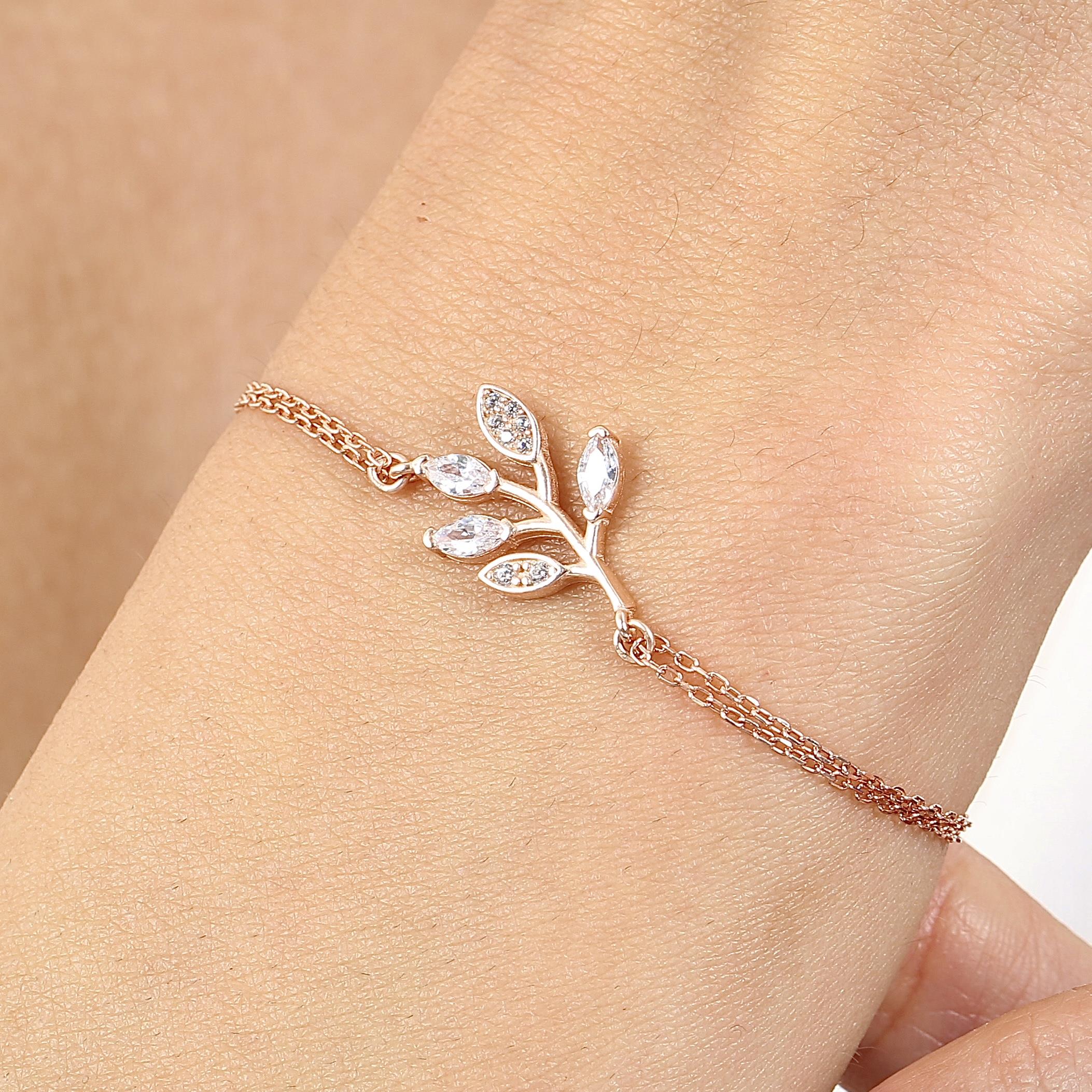 Navette Stone Olive Branch Silver Bracelet