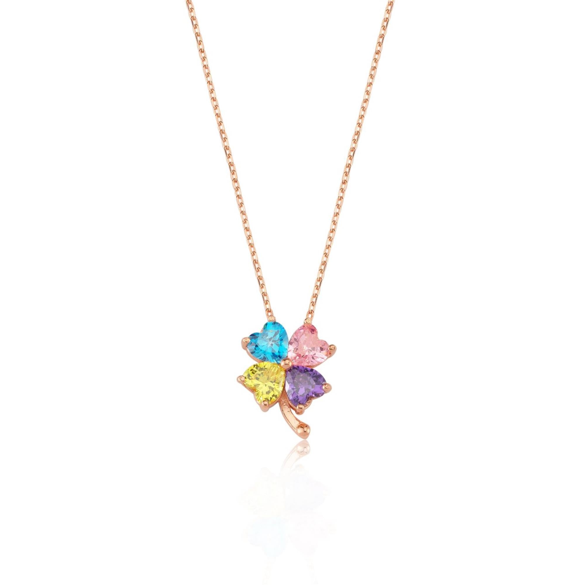 Colorful clover pendant with pastel heart-shaped zircon stones – charming and lucky necklace on rose gold silver chain.