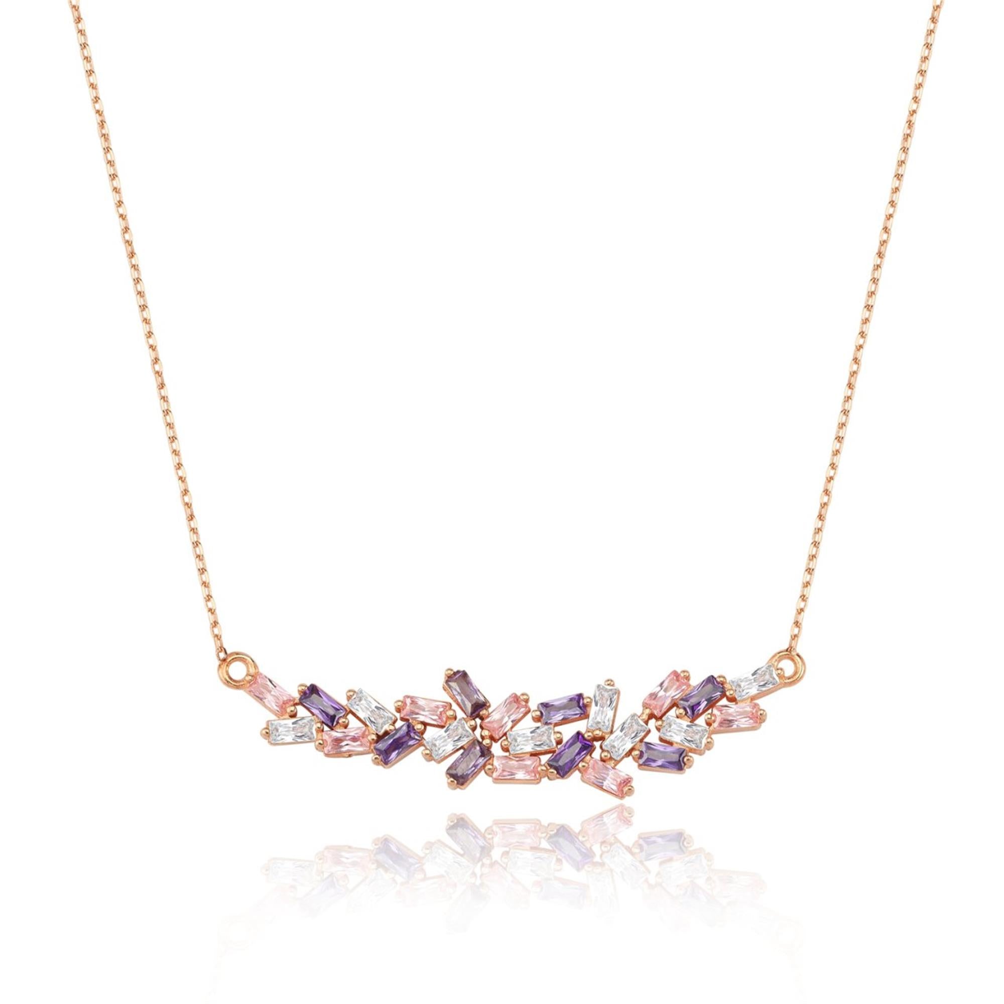 Collar de oro rosa con piedras baguette multicolores – diseño vibrante y elegante para destacar tu estilo.