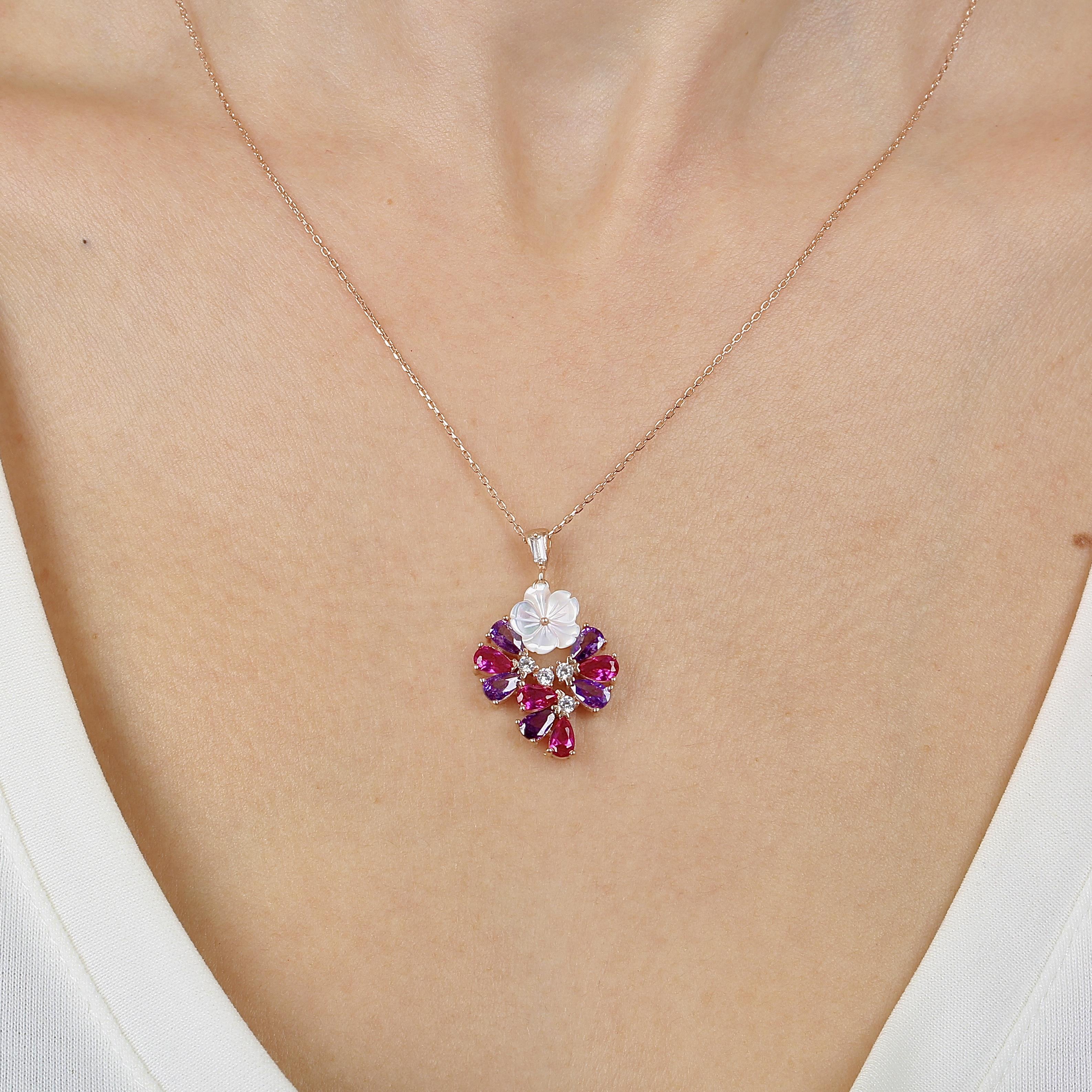 Colorful Stone Drop Tale Magnolia Flower Rose Gold Necklace